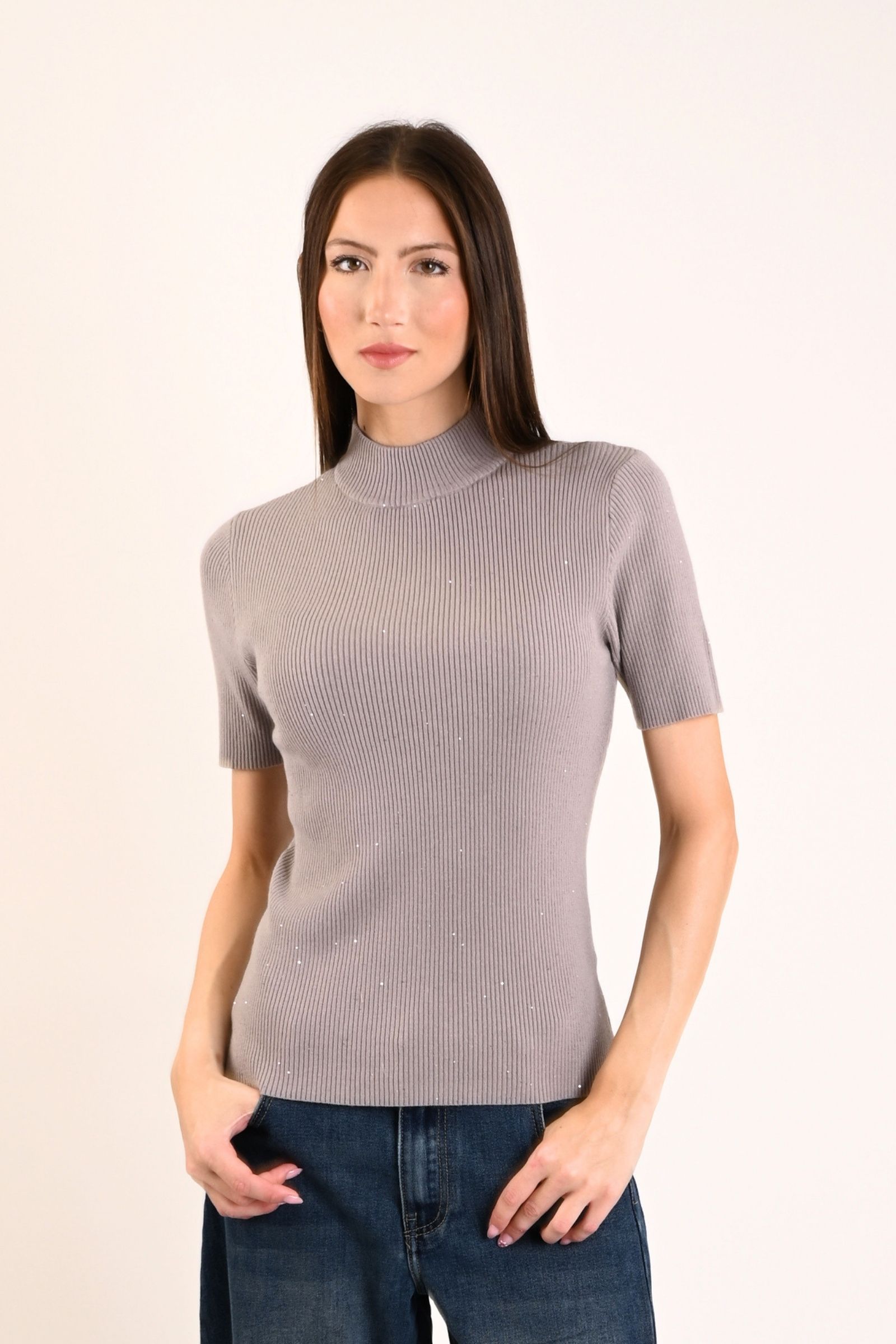 68 MAGLIA MEZZE MANICHE A COSTINE ADERENTE CON MICRO PAILLETTES - Fango, TU