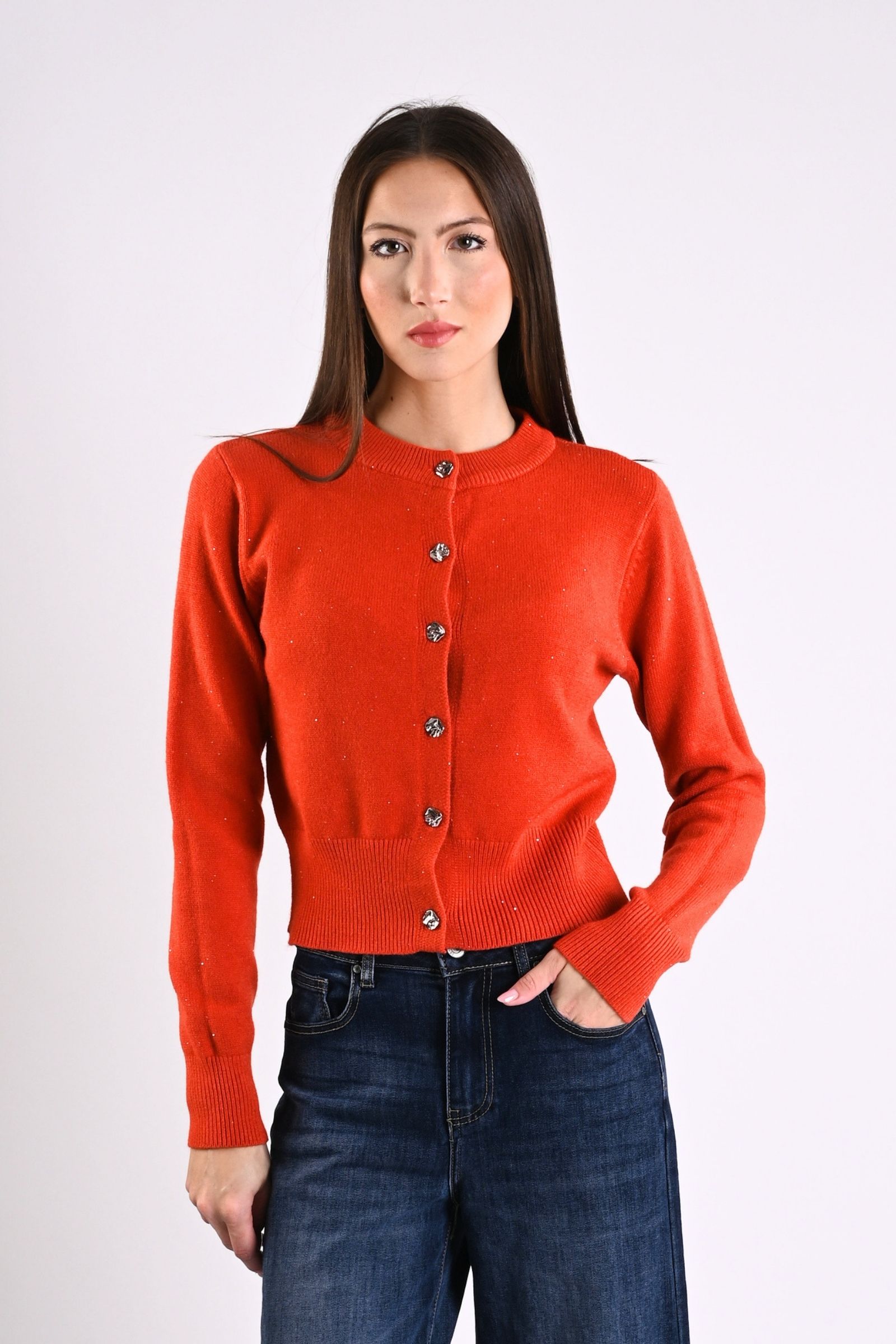 7 CARDIGAN CON MICROPAILLETTES E BOTTONI EFFETTO MARTELLATO - Arancio, TU