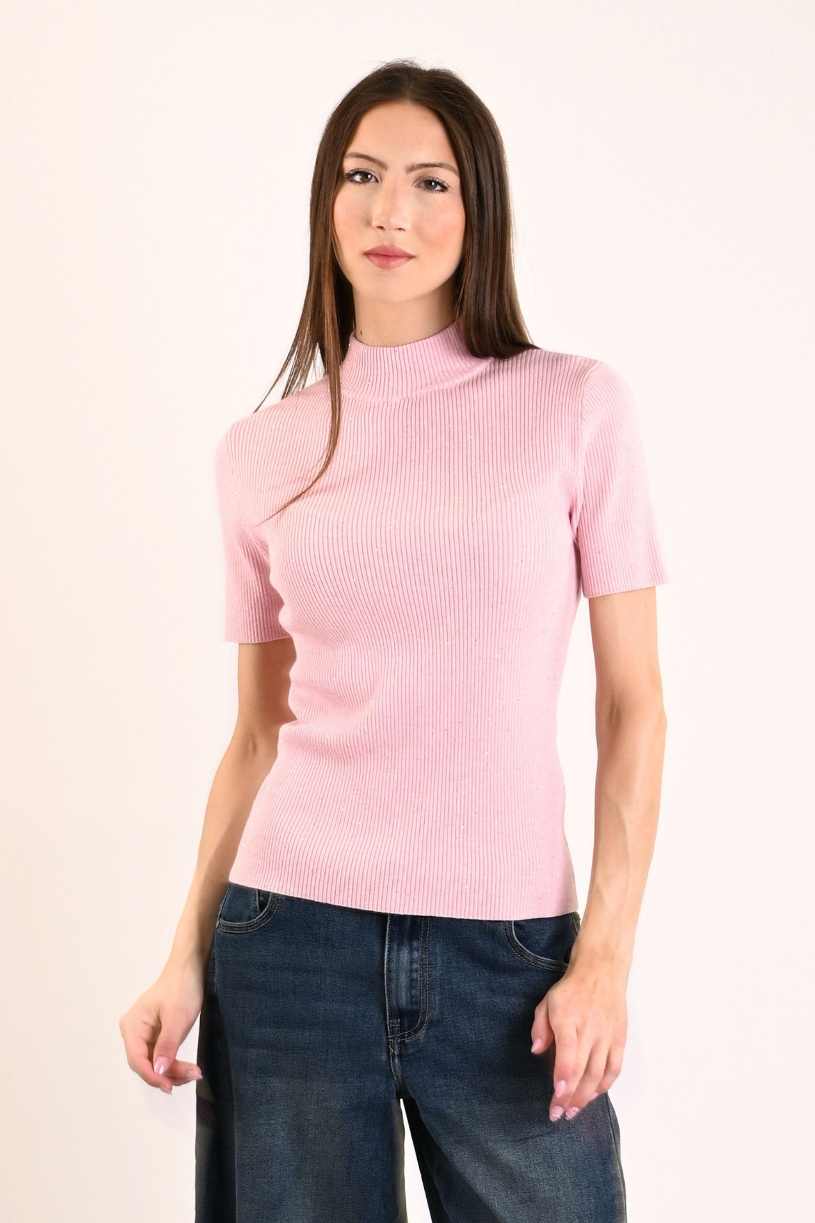 70 MAGLIA MEZZE MANICHE A COSTINE ADERENTE CON MICRO PAILLETTES - Rosa, TU