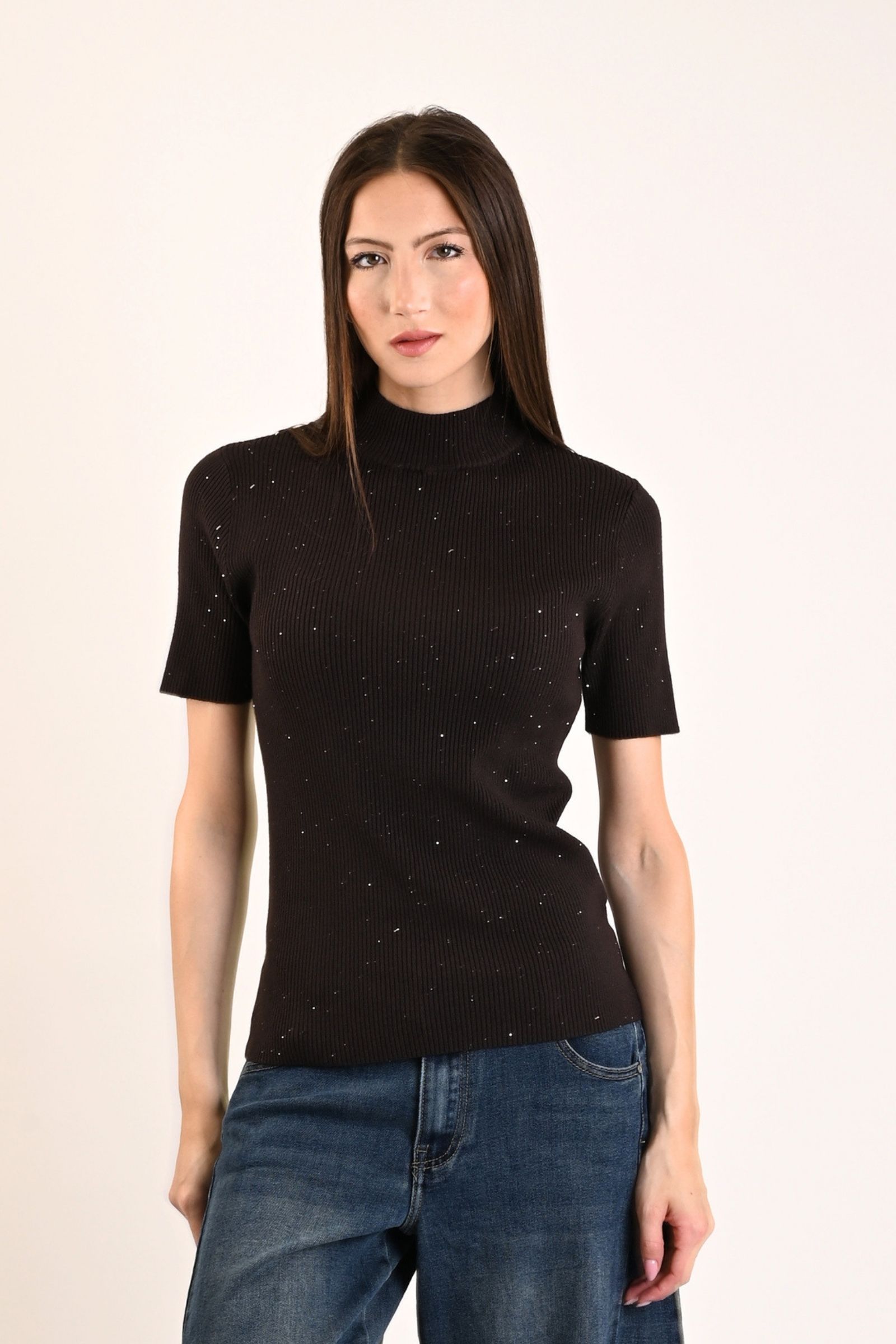 71 MAGLIA MEZZE MANICHE A COSTINE ADERENTE CON MICRO PAILLETTES - Moro, TU