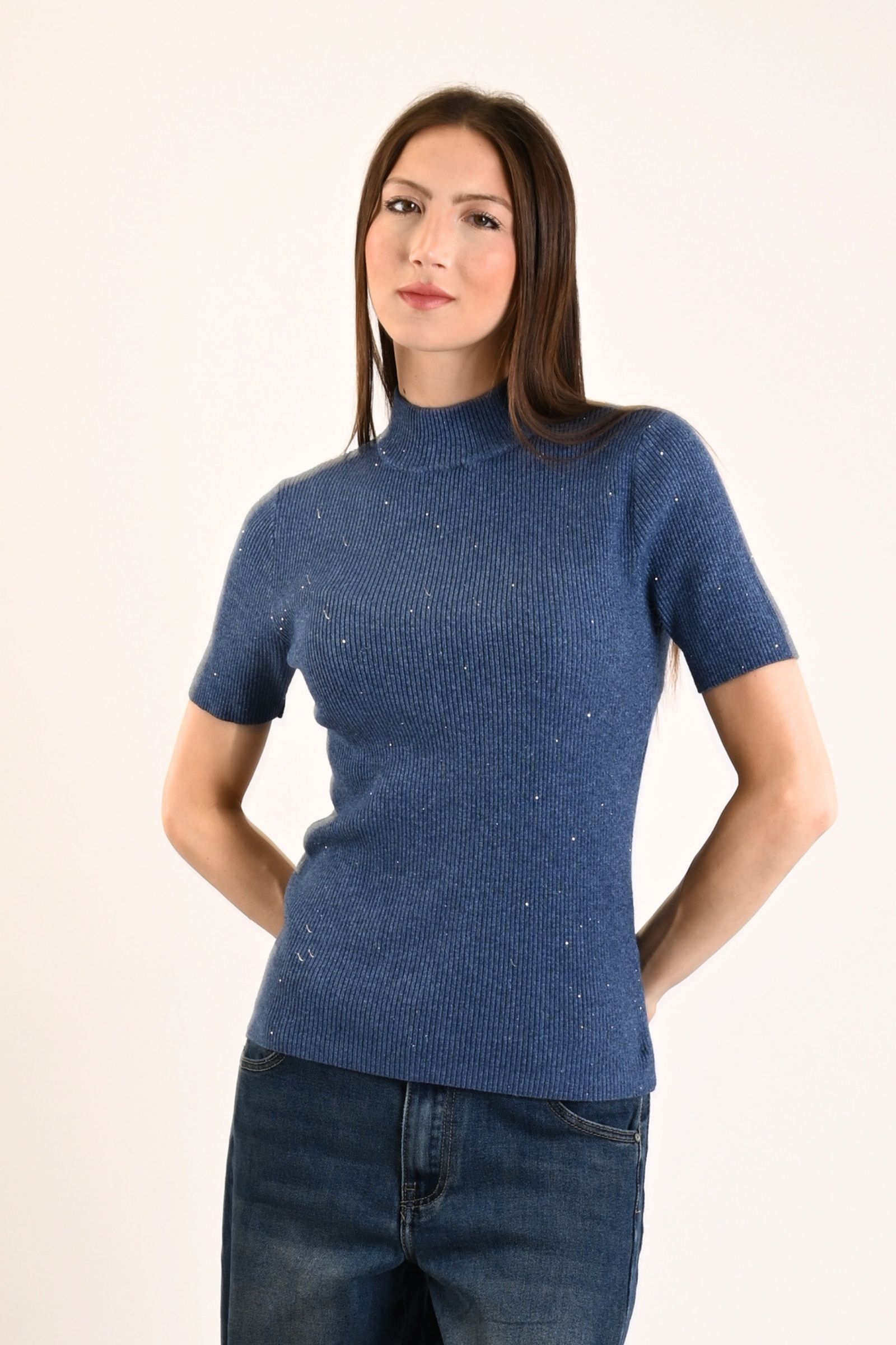 73 MAGLIA MEZZE MANICHE A COSTINE ADERENTE CON MICRO PAILLETTES - Denim, TU