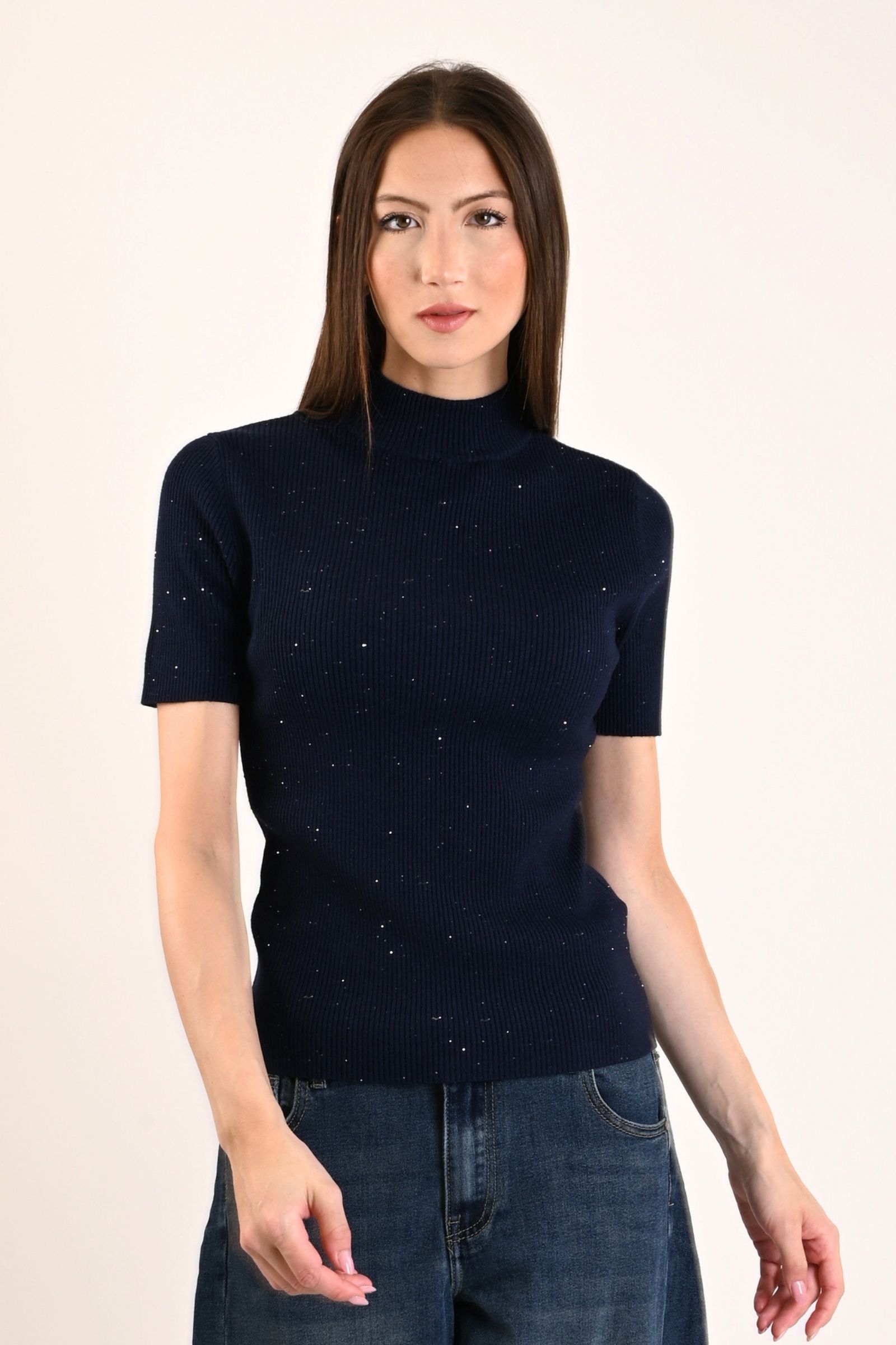 74 MAGLIA MEZZE MANICHE A COSTINE ADERENTE CON MICRO PAILLETTES - Blu, TU