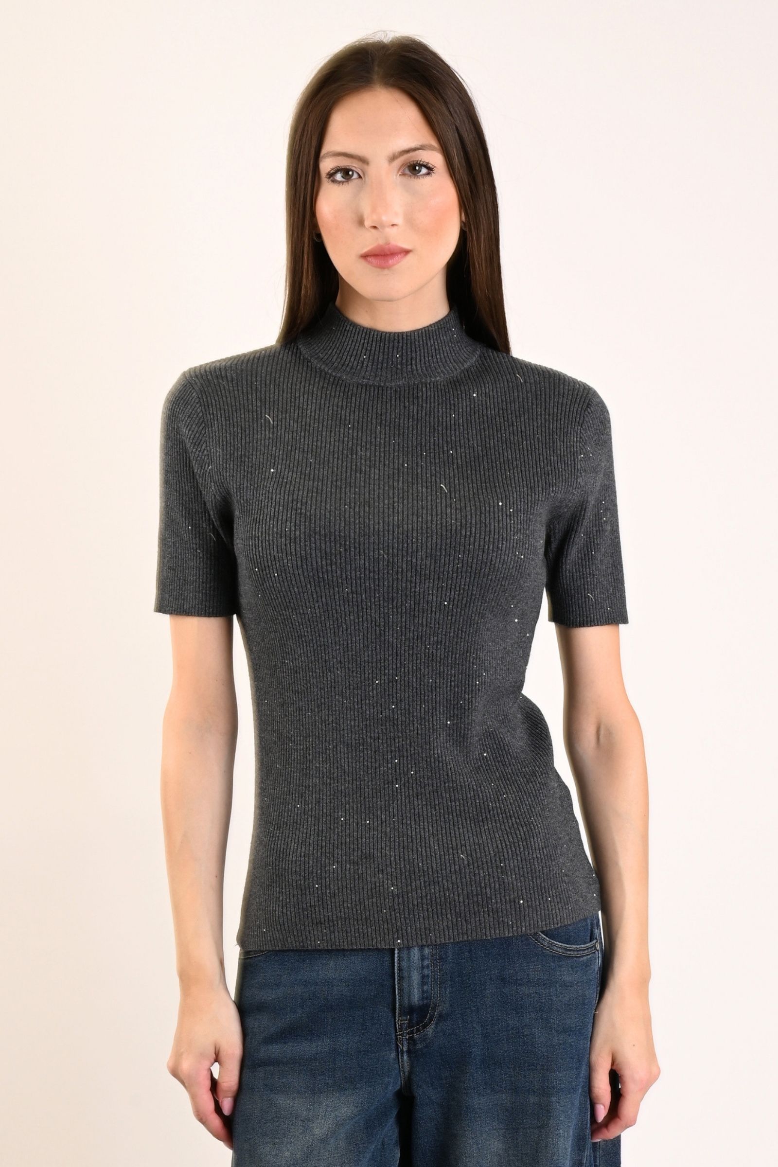 75 MAGLIA MEZZE MANICHE A COSTINE ADERENTE CON MICRO PAILLETTES - Grigio, TU