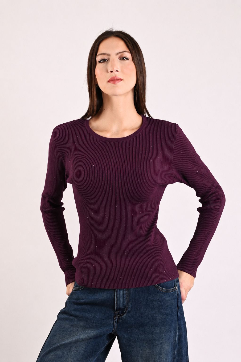 76b86625-de34-4263-81fd-6e887b4b4229 MAGLIA A COSTINE ADERENTE CON MICRO PAILLETTES - Prugna, TU