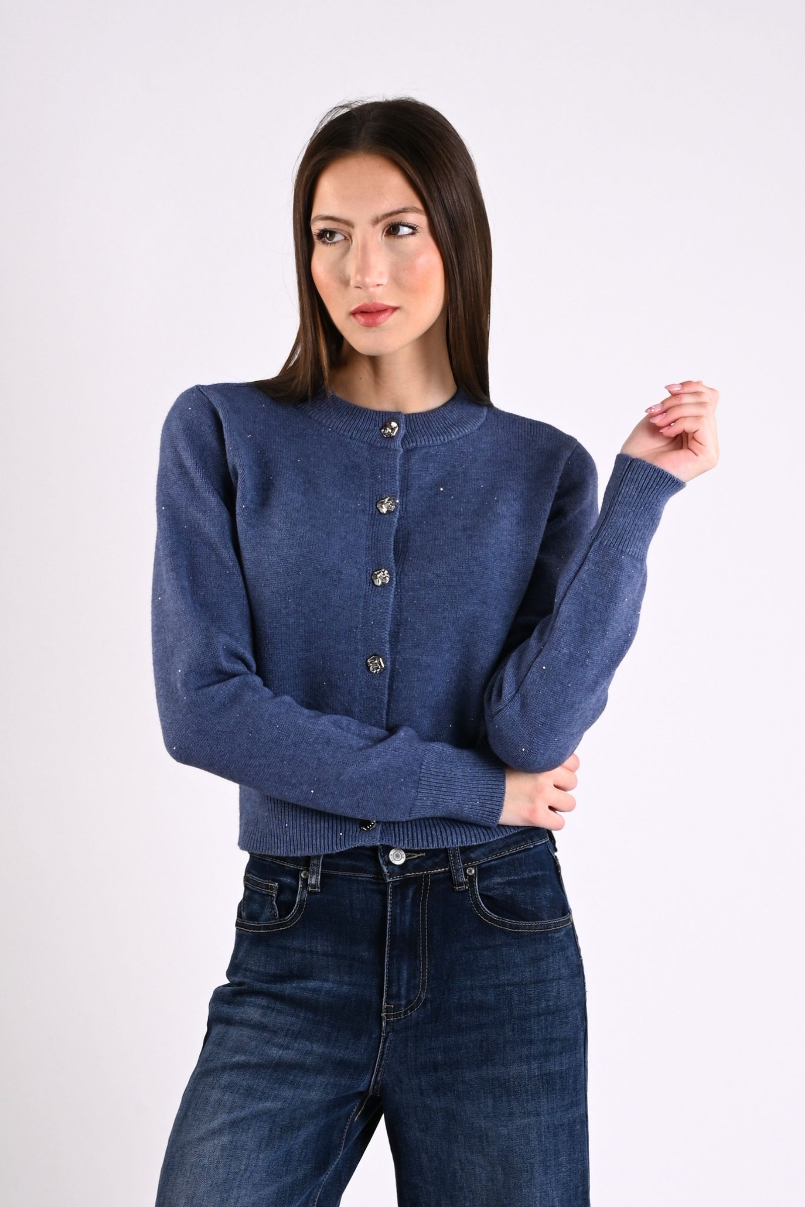 8 CARDIGAN CON MICROPAILLETTES E BOTTONI EFFETTO MARTELLATO - Denim, TU