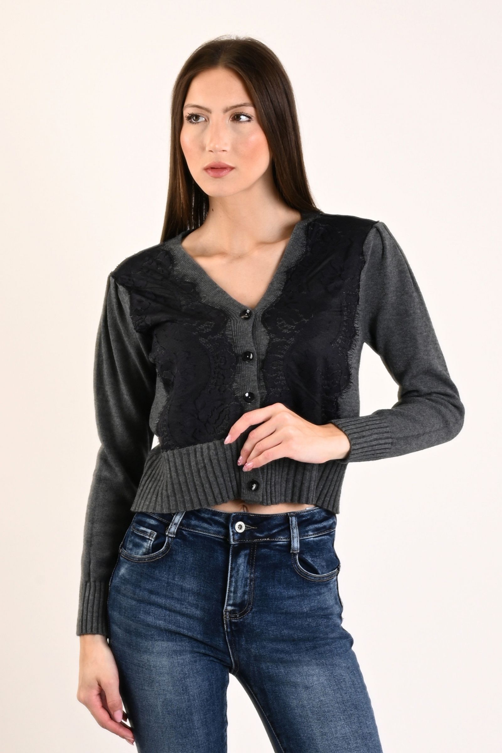 82 CARDIGAN CON INSERTI IN PIZZO - Grigio, TU
