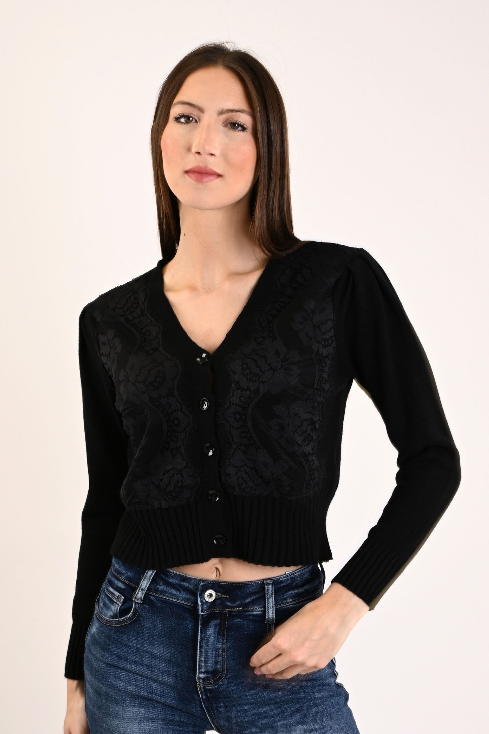 84 CARDIGAN CON INSERTI IN PIZZO - Nero, TU