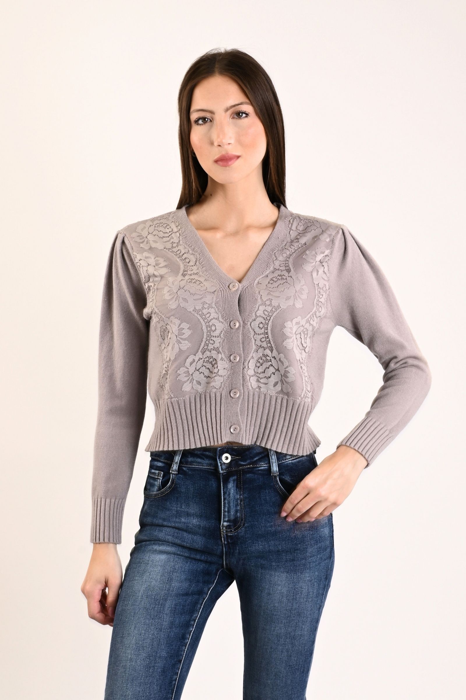 85 CARDIGAN CON INSERTI IN PIZZO - Fango, TU