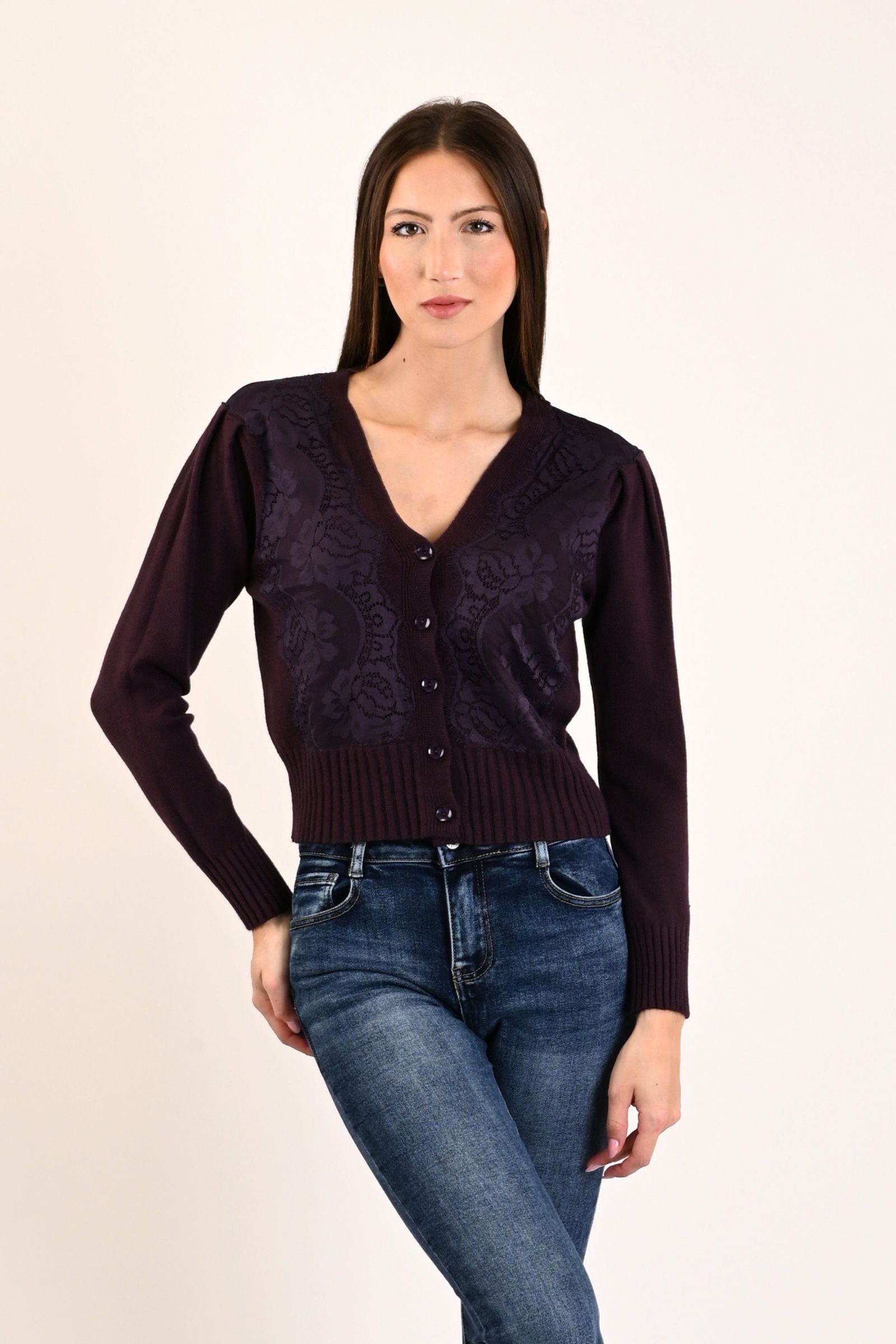 86 CARDIGAN CON INSERTI IN PIZZO - Prugna, TU
