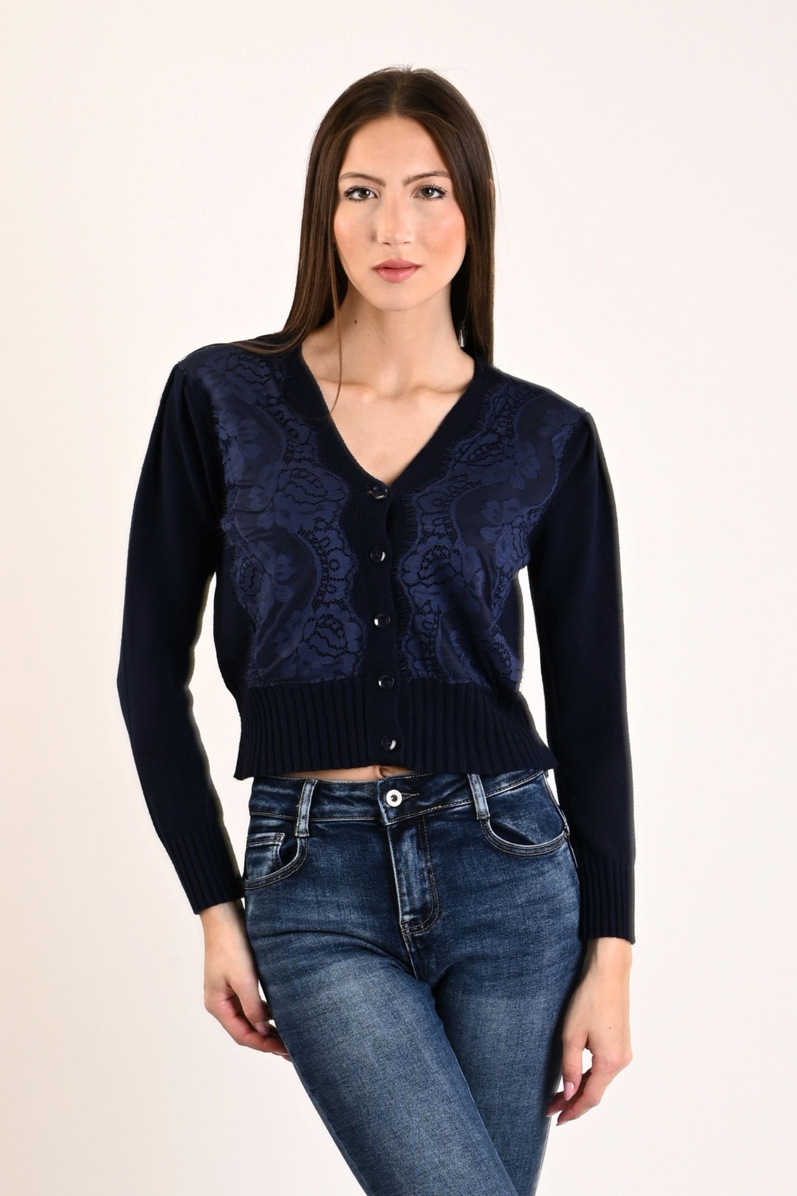 87 CARDIGAN CON INSERTI IN PIZZO - Blu, TU