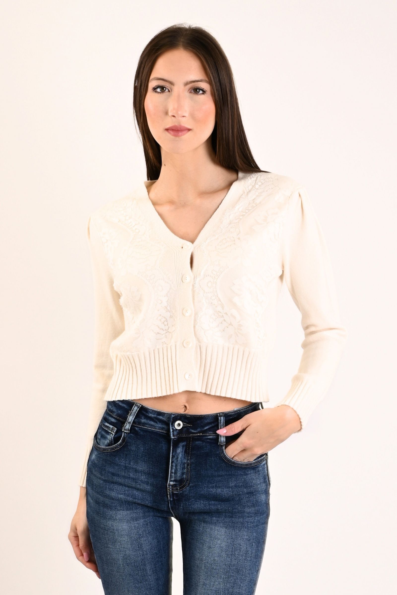 88 CARDIGAN CON INSERTI IN PIZZO - Panna, TU