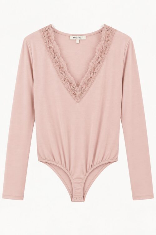 BODY A MANICHE LUNGHE CON SCOLLO A V IN PIZZO - Beige, TU