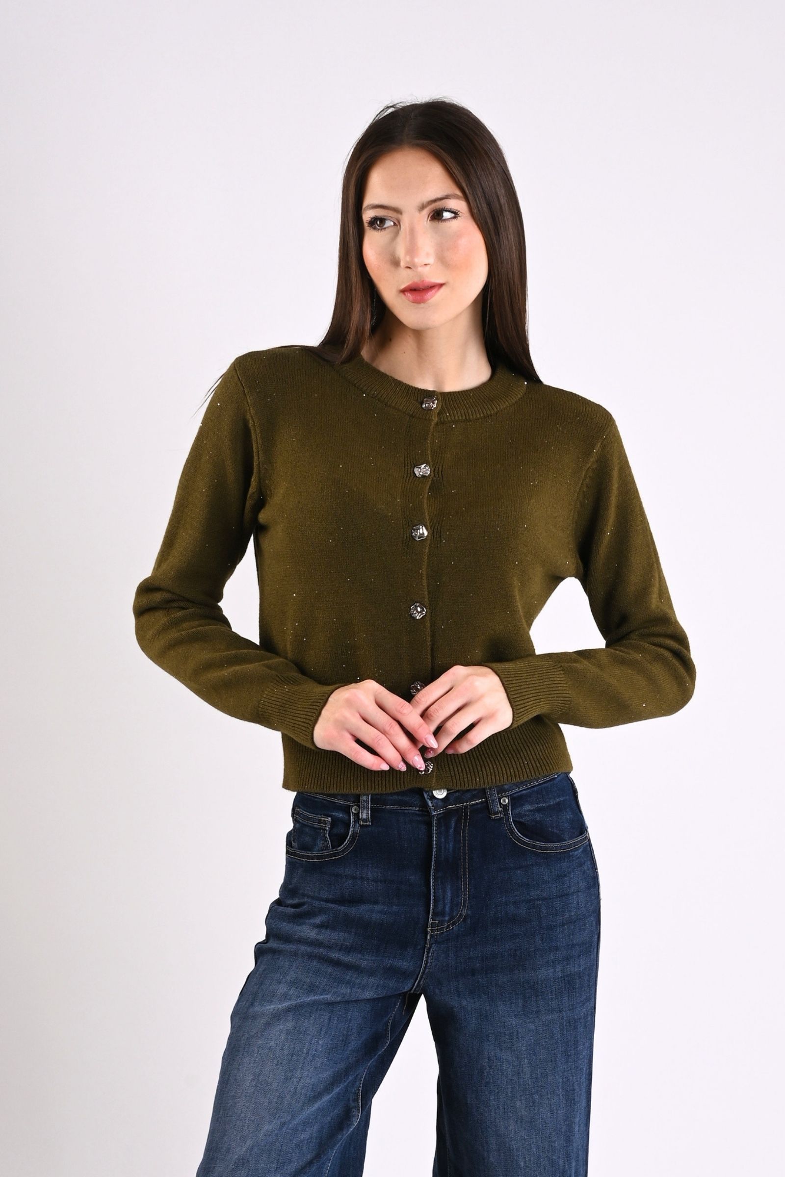 9 CARDIGAN CON MICROPAILLETTES E BOTTONI EFFETTO MARTELLATO - Militare, TU