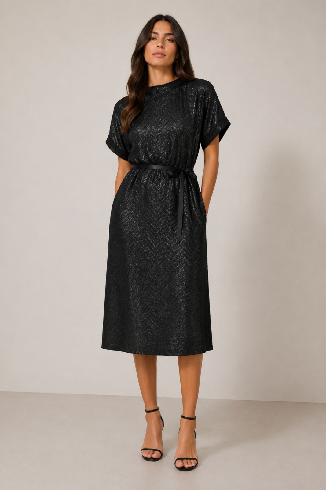 LM96129-06_nero ABITO MIDI LUREX CON CINTURA - Nero, S