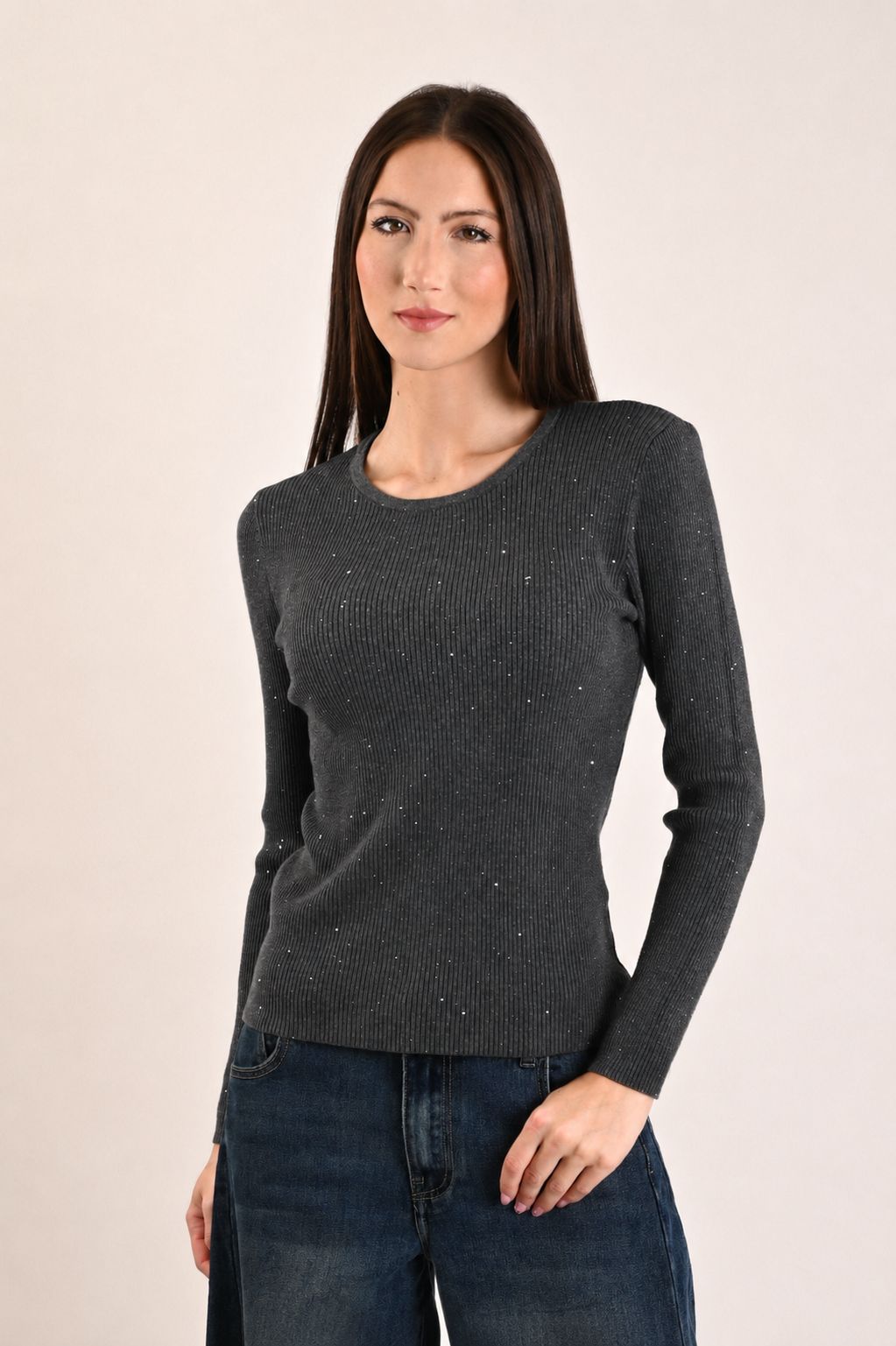 a19aac84-ba08-48b2-8120-01033022e481 MAGLIA A COSTINE ADERENTE CON MICRO PAILLETTES - Grigio, TU
