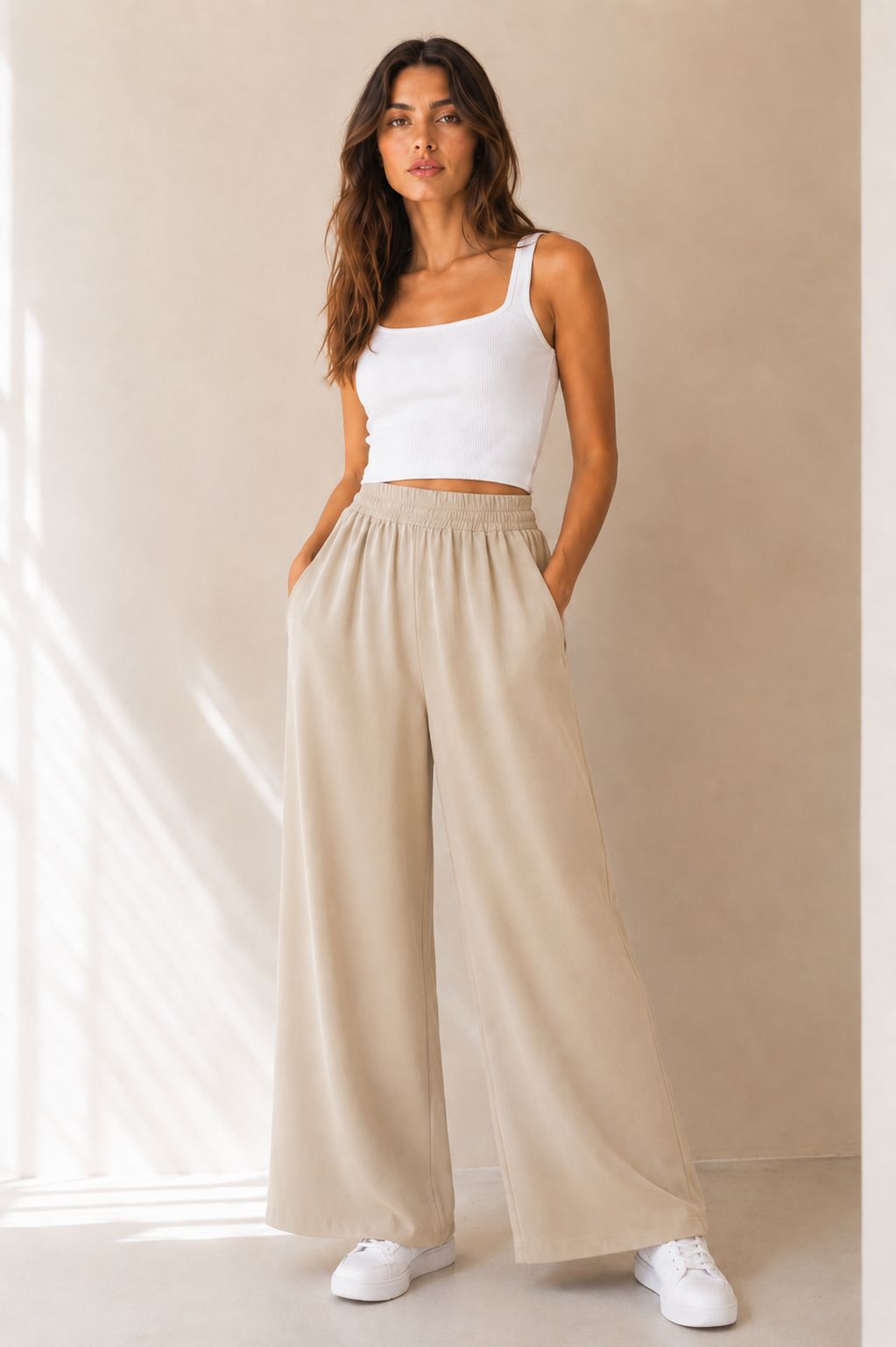 c71f54fa-abbc-4a4b-a610-681b17c16340 PANTALONE PALAZZO IN TESSUTO MORBIDO EFFETTO TUTA - Beige, XL