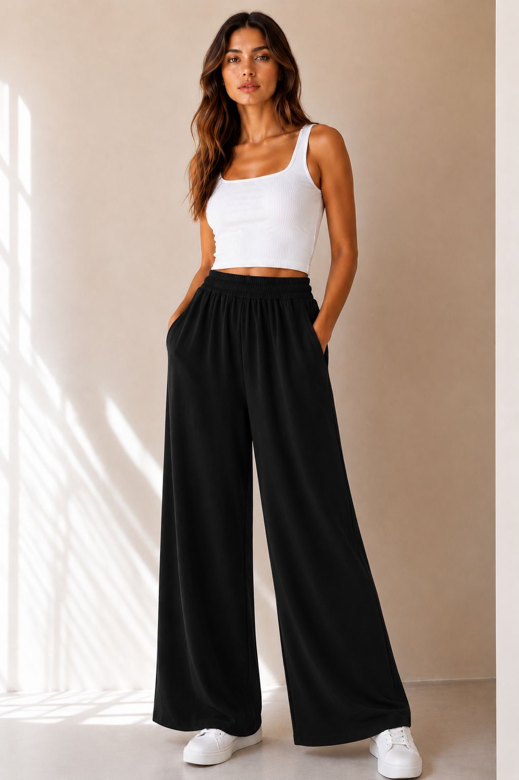 d4af3ac2-f71c-4597-9223-f8110ba85b4c PANTALONE PALAZZO IN TESSUTO MORBIDO EFFETTO TUTA - Schwarz, XL