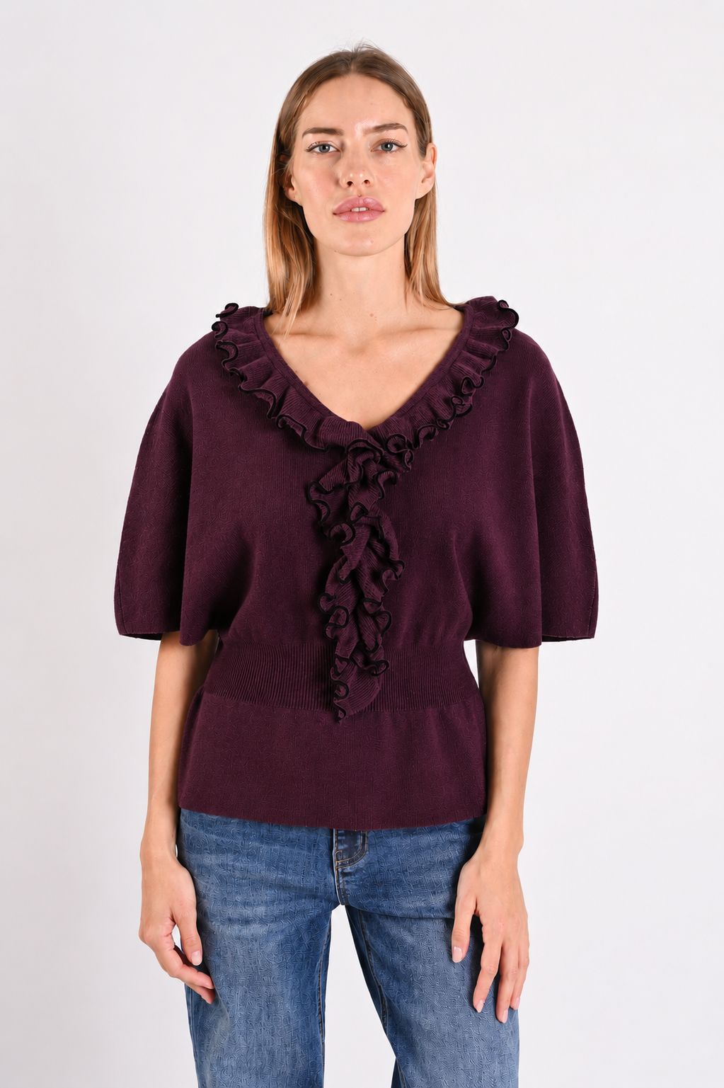 0fd29ab4-9170-4111-a5d0-50f3291ade4b MAGLIA CON VOLANT SULLO SCOLLO - Prugna, TU