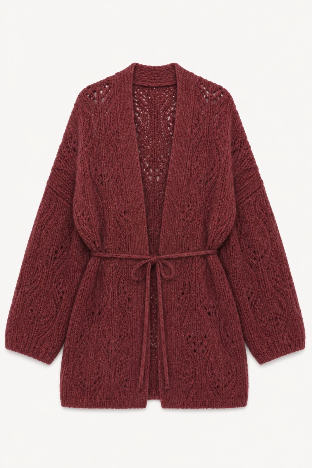 F21985-06_BORDEAUX CARDIGAN LUNGO TRAFORATO CON CINTURA - Bordeaux, TU