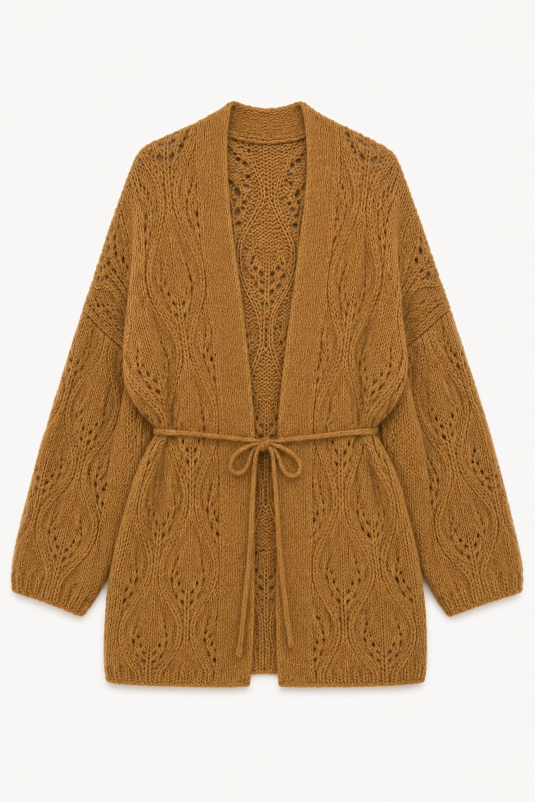 F21985-06_CAMMELLO CARDIGAN LUNGO TRAFORATO CON CINTURA - Cammello, TU