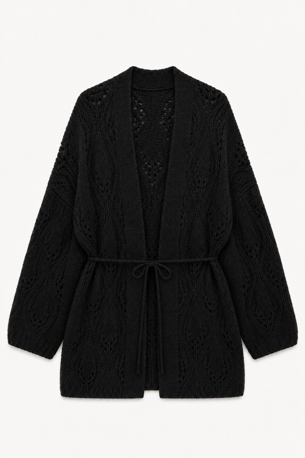 F21985-06_NERO CARDIGAN LUNGO TRAFORATO CON CINTURA - Nero, TU