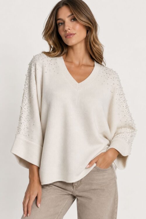 MAGLIA OVERSIZE CON SCOLLO A V E APPLICAZIONI GIOIELLO
