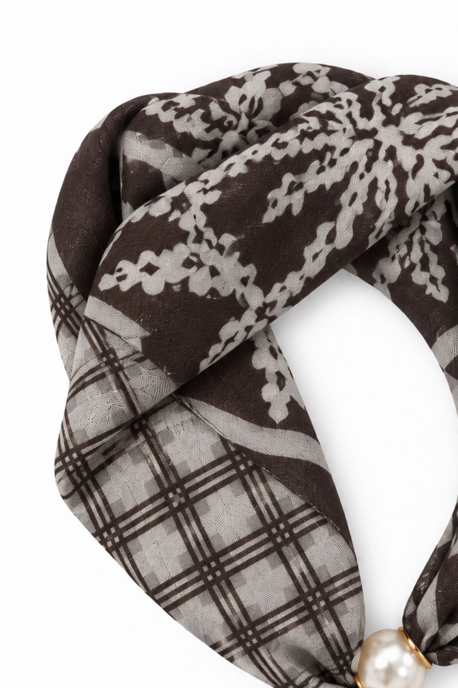 11 FOULARD FANTASIA FIORI E QUADRI CON DETTAGLIO PERLA - Nero, TU