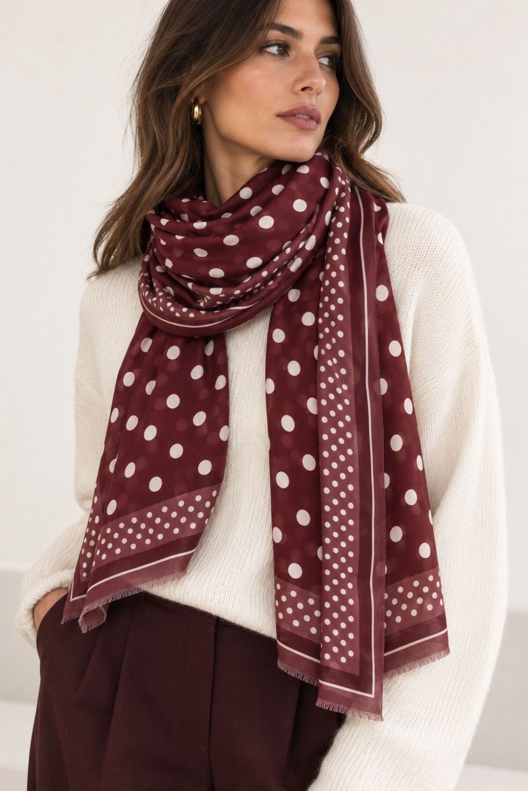 SCIARPA STAMPATA A POIS CON BORDO DECORATIVO