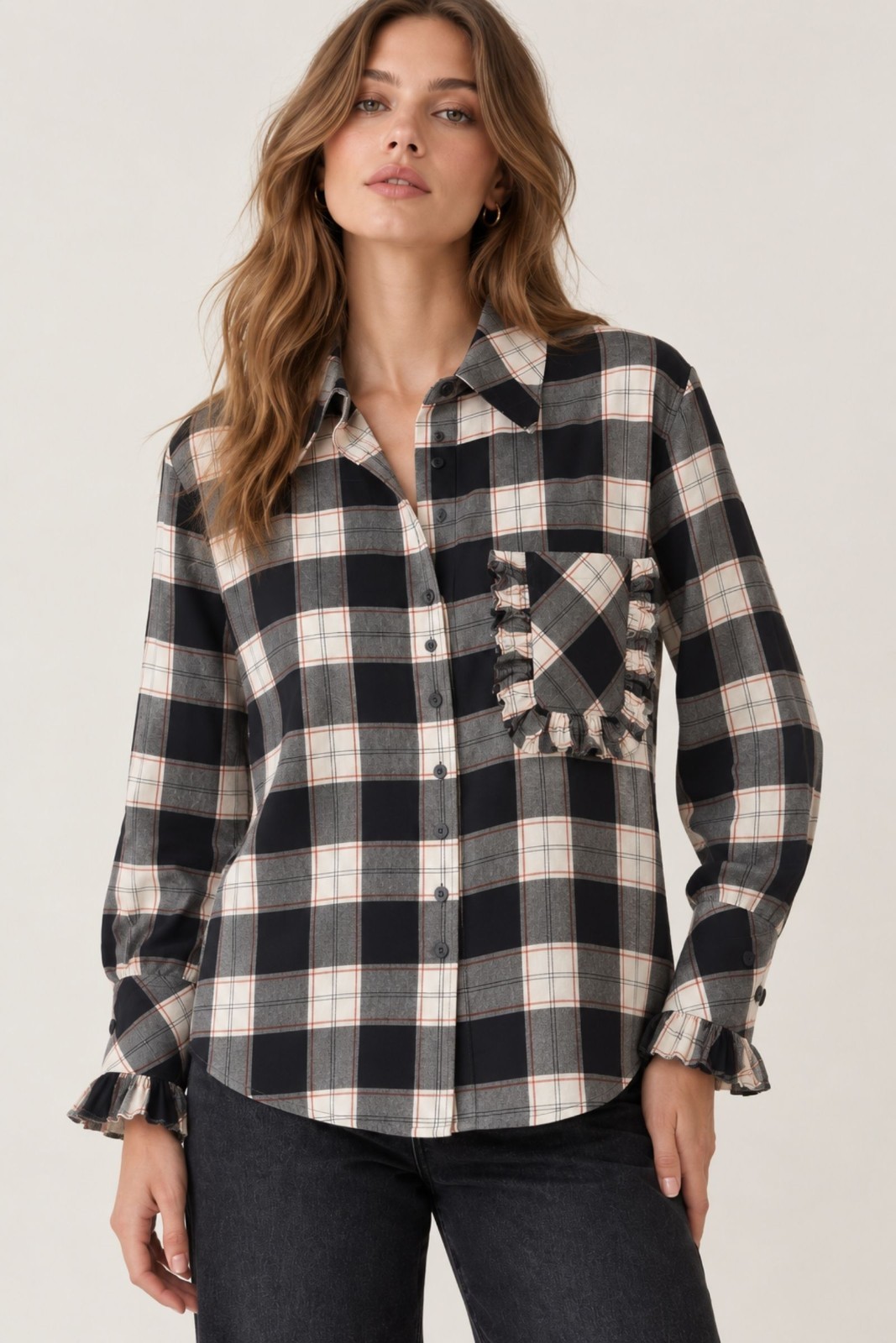 43 CAMICIA A QUADRI CON ROUCHES E TASCHINO - Blu, S