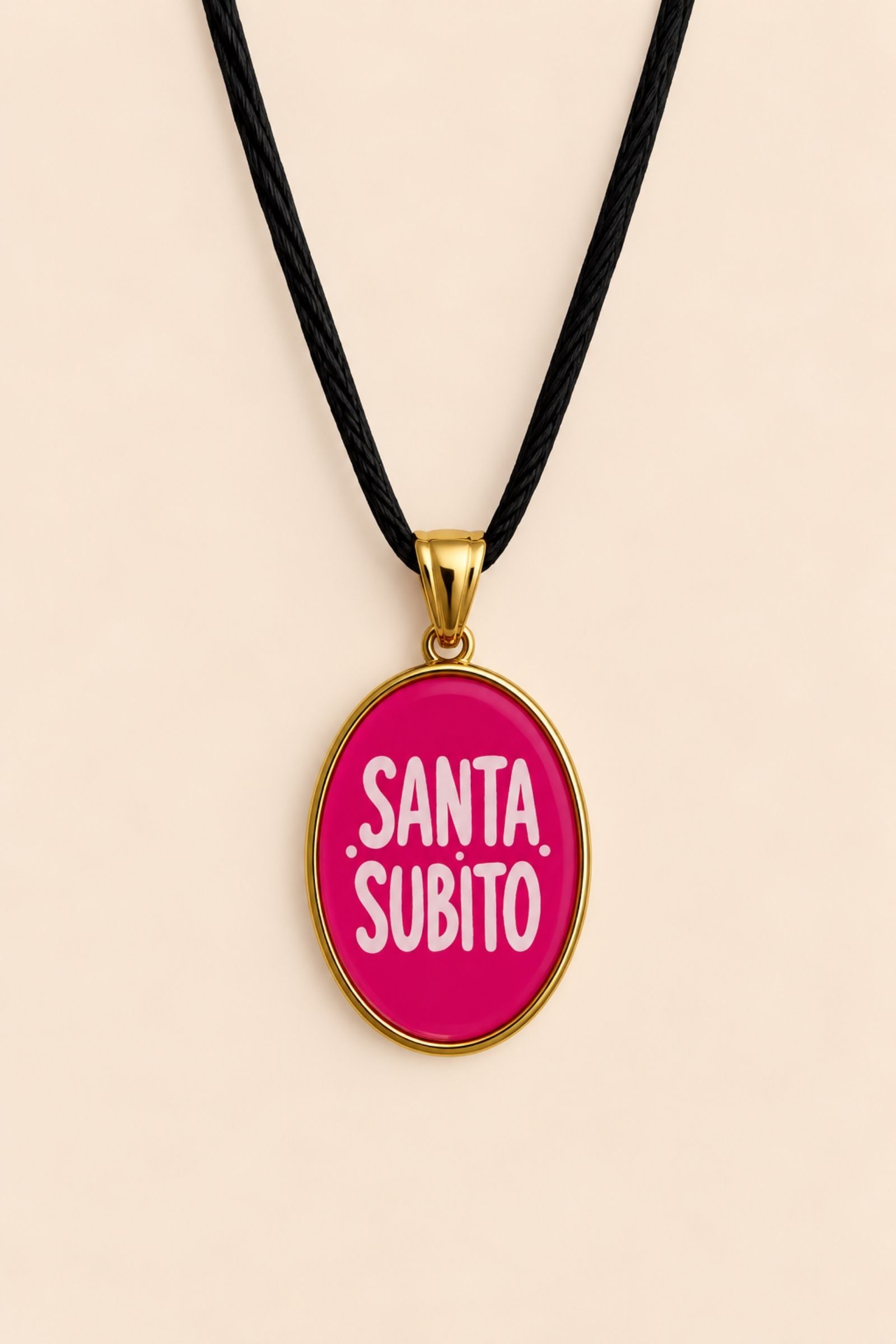 CHARM CIONDOLO "SANTA SUBITO" OVALE IN ORO E MAGENTA
