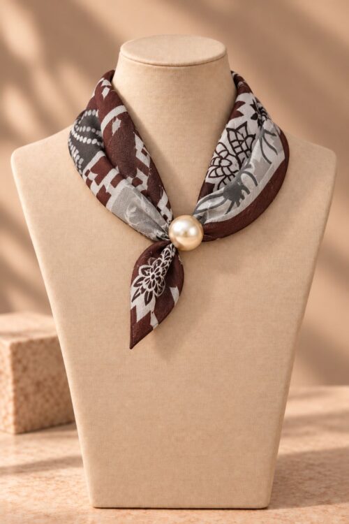 FOULARD FANTASIA FIORI E QUADRI CON DETTAGLIO PERLA