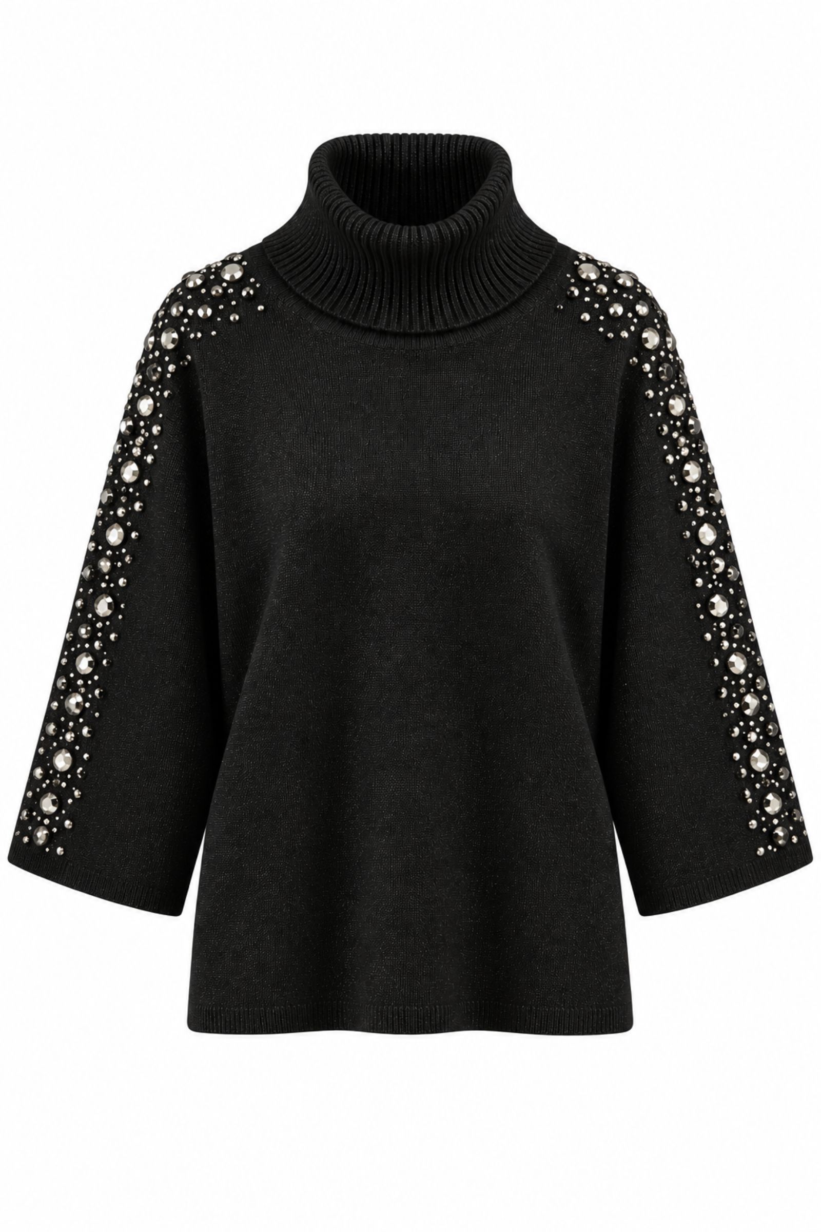 M9339-06_NERO MAGLIA DOLCEVITA CON STRASS SULLE MANICHE - Nero, TU