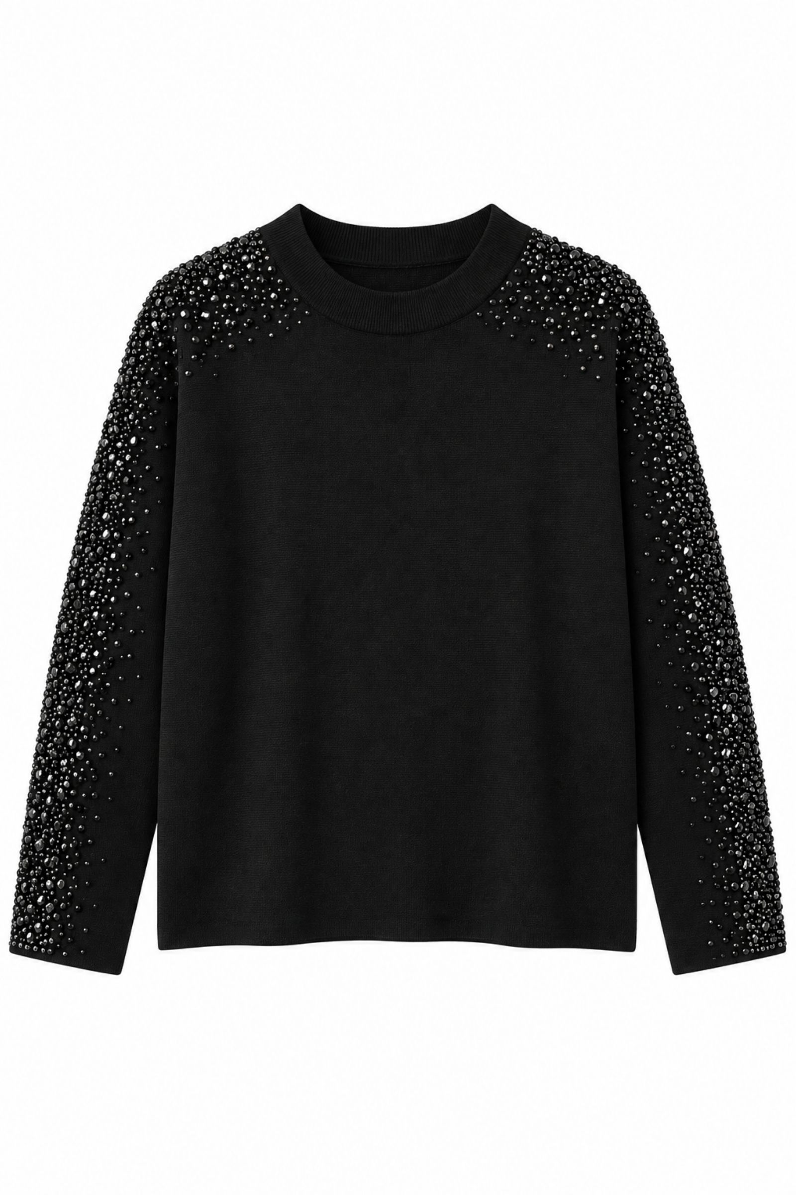 M9696-06_NERO MAGLIA GIROCOLLO CON STRASS SULLE MANICHE - Nero, TU