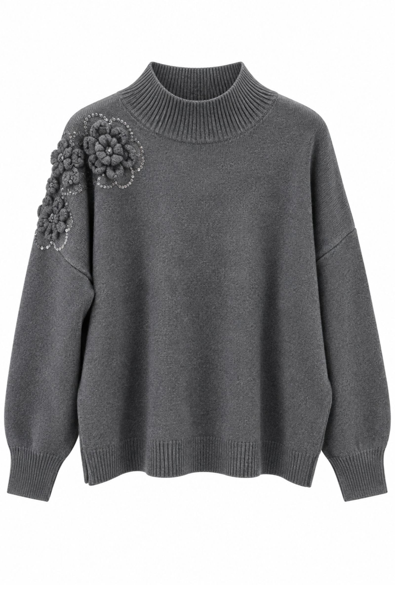 M9771-06_ANTRACITE MAGLIA CON FIORI 3D E PAILLETTES - Antracite, TU