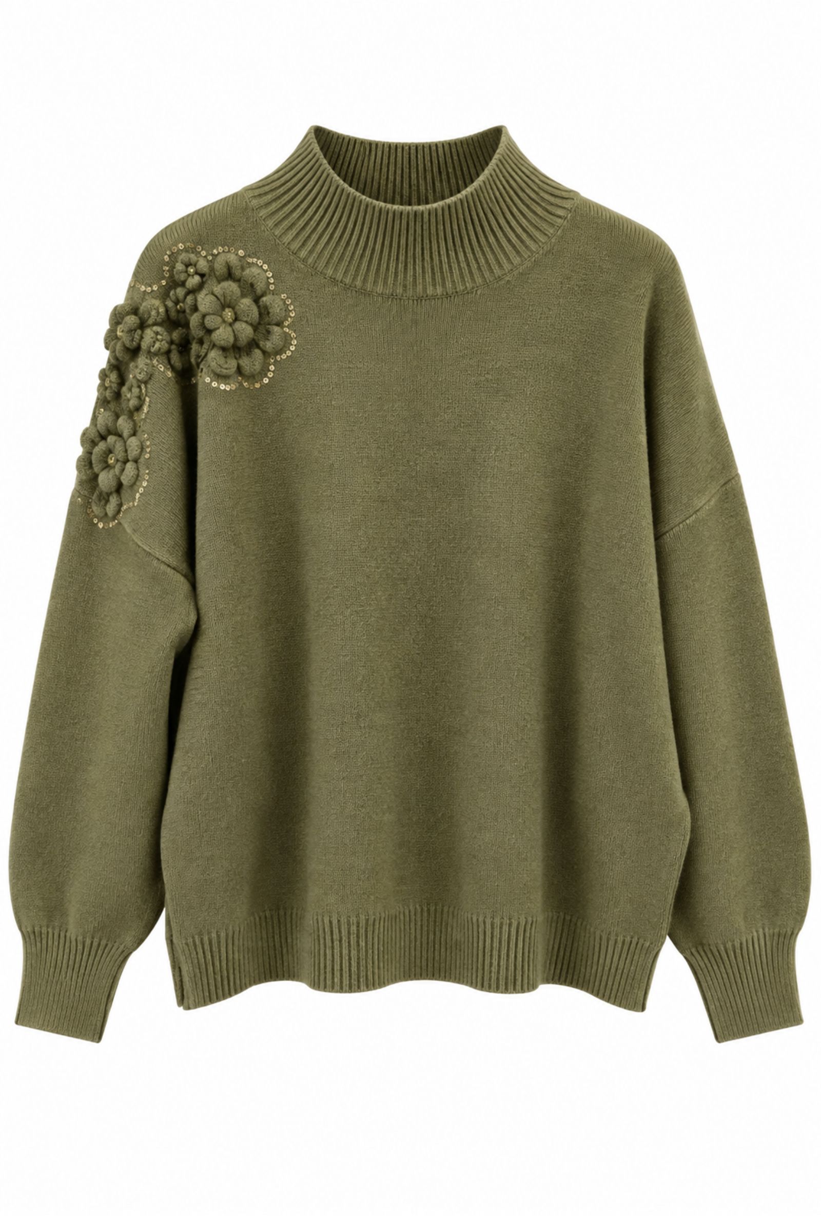 M9771-06_MILITARE MAGLIA CON FIORI 3D E PAILLETTES - Militare, TU