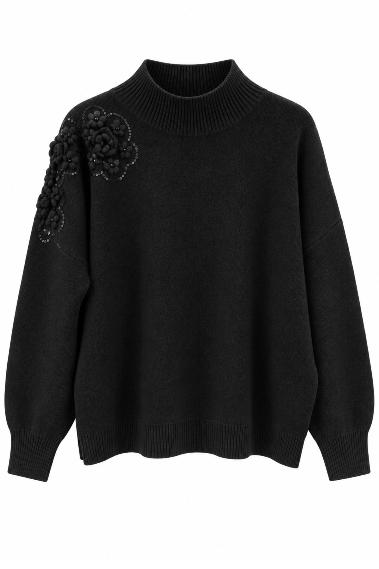 M9771-06_NERO MAGLIA CON FIORI 3D E PAILLETTES - Nero, TU