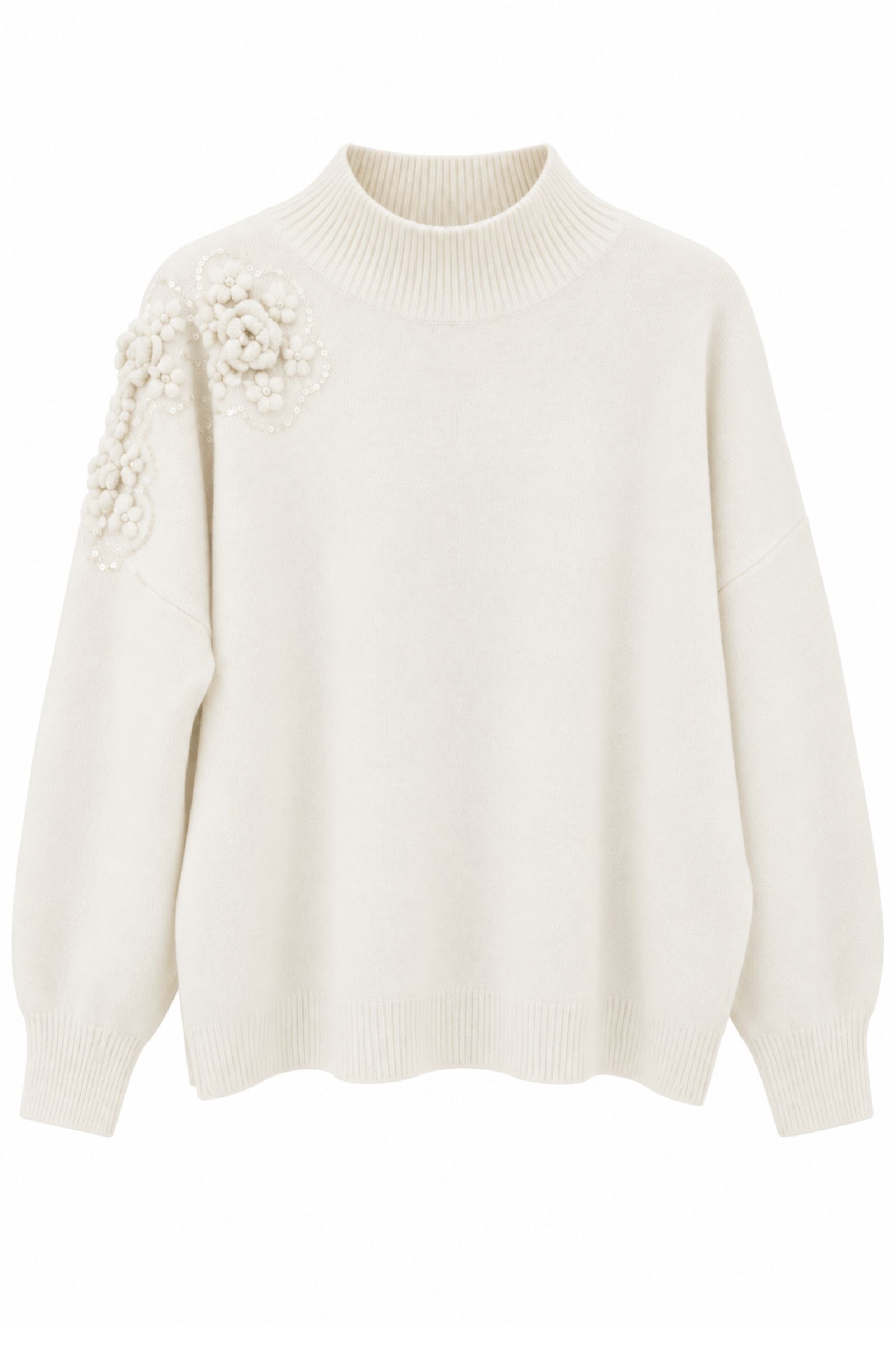 M9771-06_PANNA MAGLIA CON FIORI 3D E PAILLETTES - Panna, TU