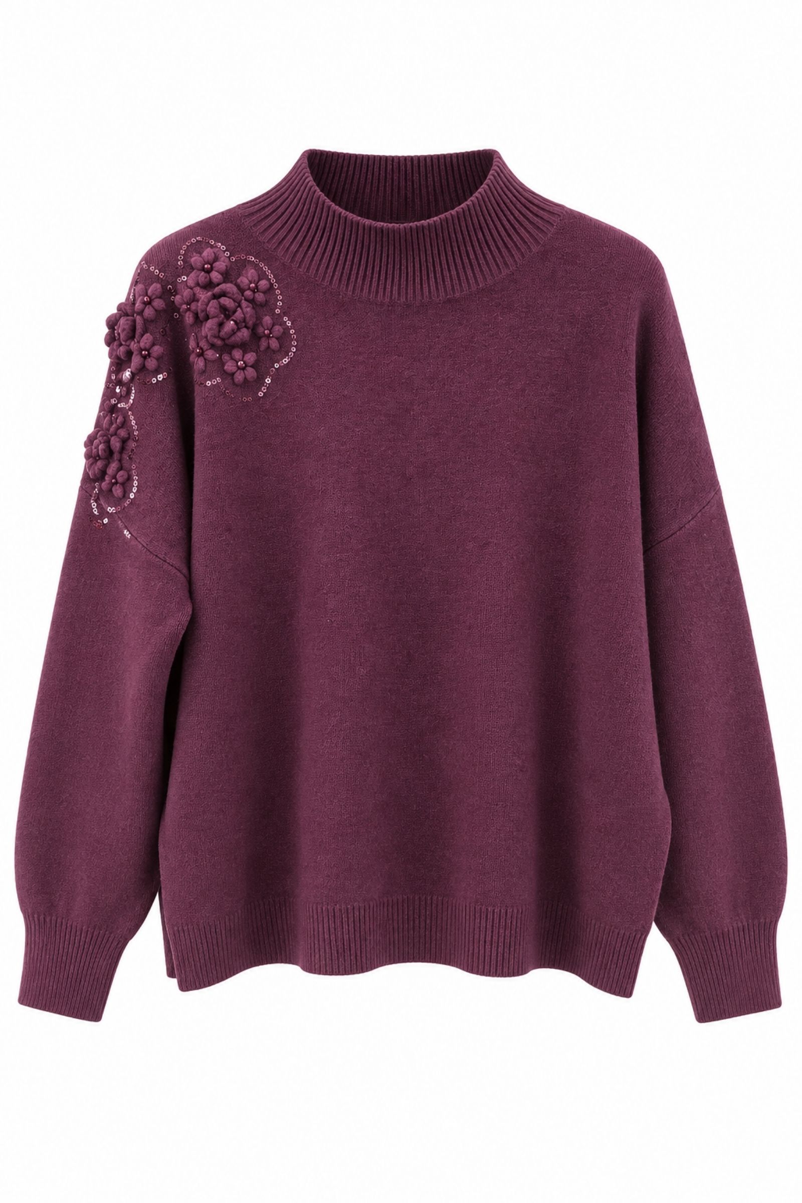 M9771-06_PRUGNA MAGLIA CON FIORI 3D E PAILLETTES - Prugna, TU