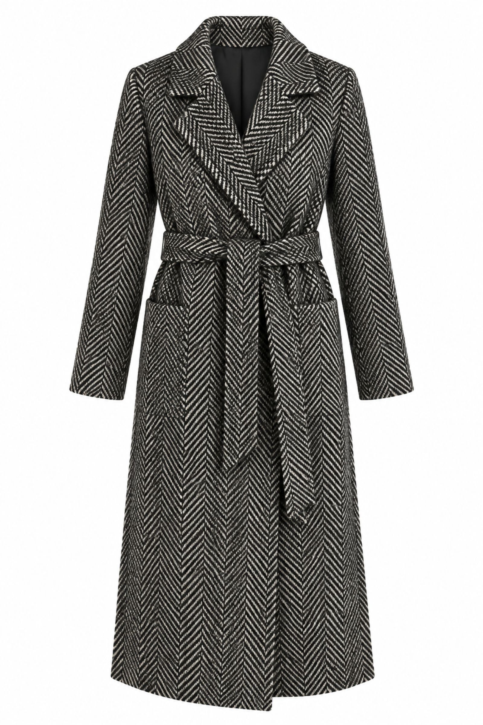 MS02-06_NERO CAPPOTTO LUNGO A SPINA DI PESCE CON CINTURA - Nero, XXL