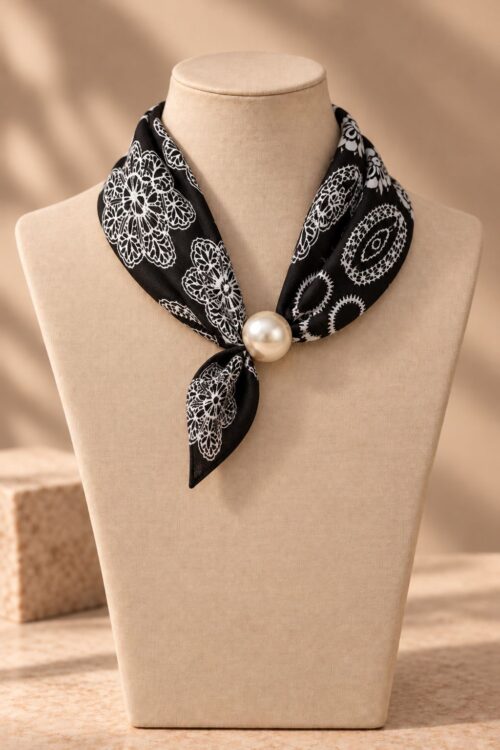 Alternative view of FOULARD FANTASIA FIORI E QUADRI CON DETTAGLIO PERLA