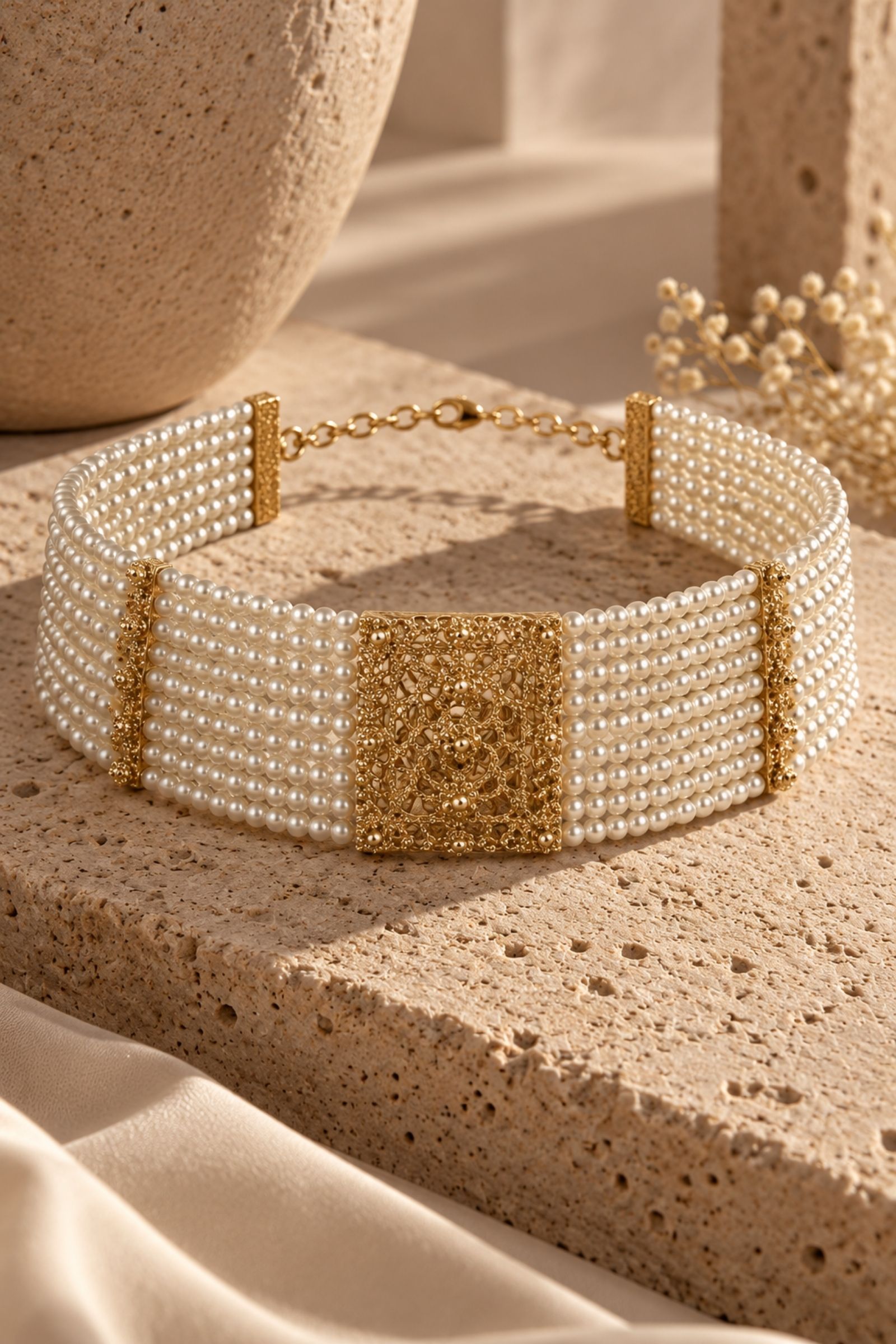 BI323-06_ORO COLLANA CHOKER MULTIFILO CON PERLE E DETTAGLIO GIOIELLO - Oro, TU