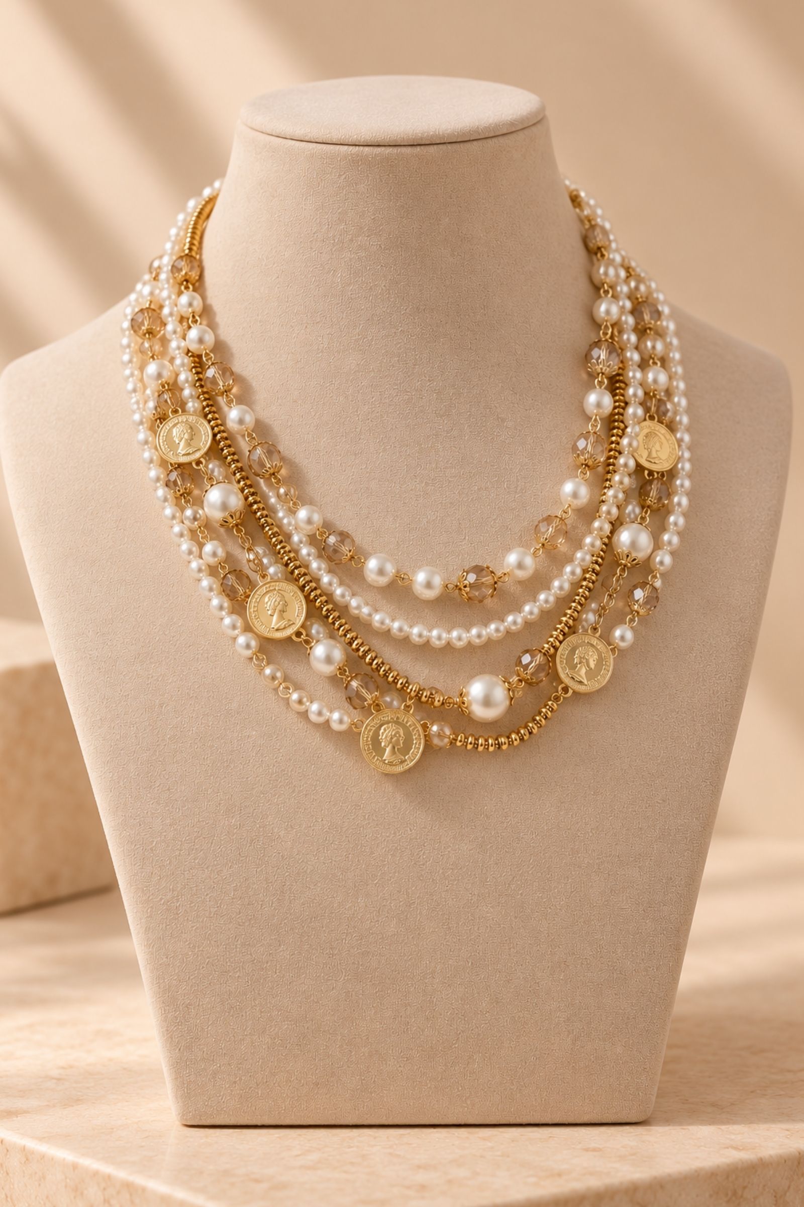 COLLANA MULTIFILO CON PERLE E CIONDOLI A MONETA - immagine 2