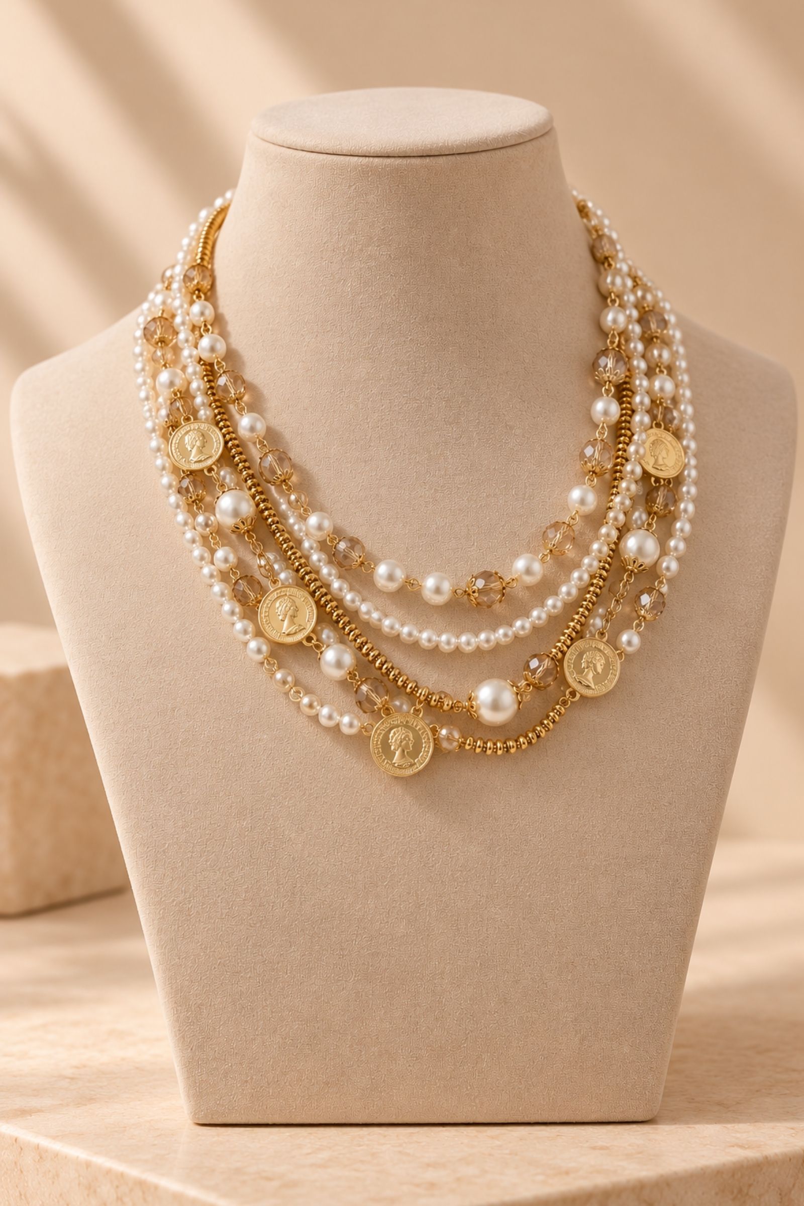 BI327-06_ORO COLLANA MULTIFILO CON PERLE E CIONDOLI A MONETA - Oro, TU