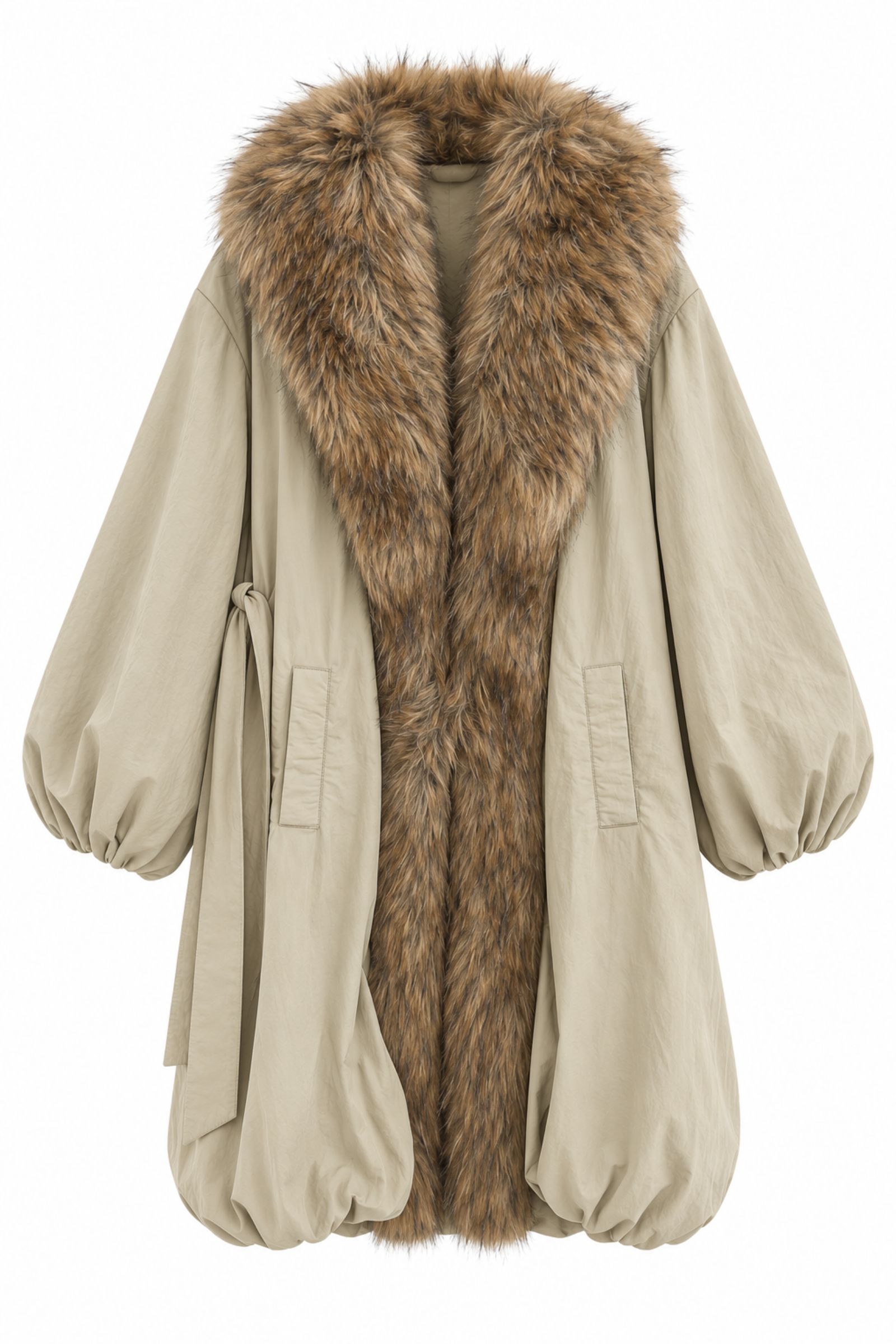CAP187-06_BEIGE PIUMINO CON COLLO IN ECOPELLICCIA E MANICHE A PALLONCINO - Beige, S