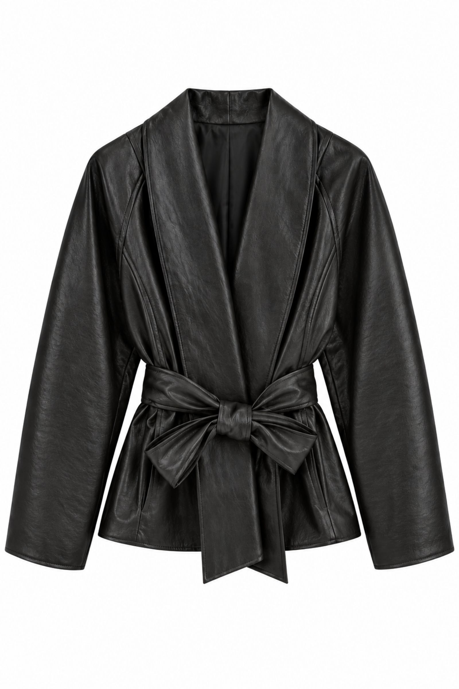 ESGC465-06_NERO GIACCA EFFETTO PELLE CON CINTURA - Nero, TU