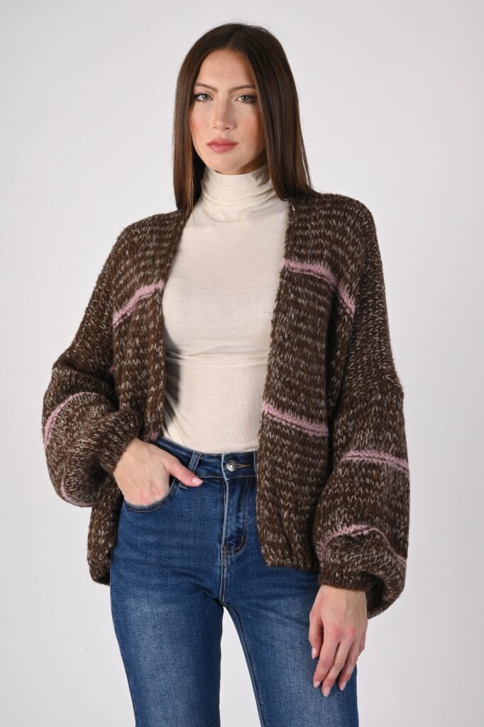 CARDIGAN OVERSIZE IN MAGLIA MELANGE CON RIGHE 