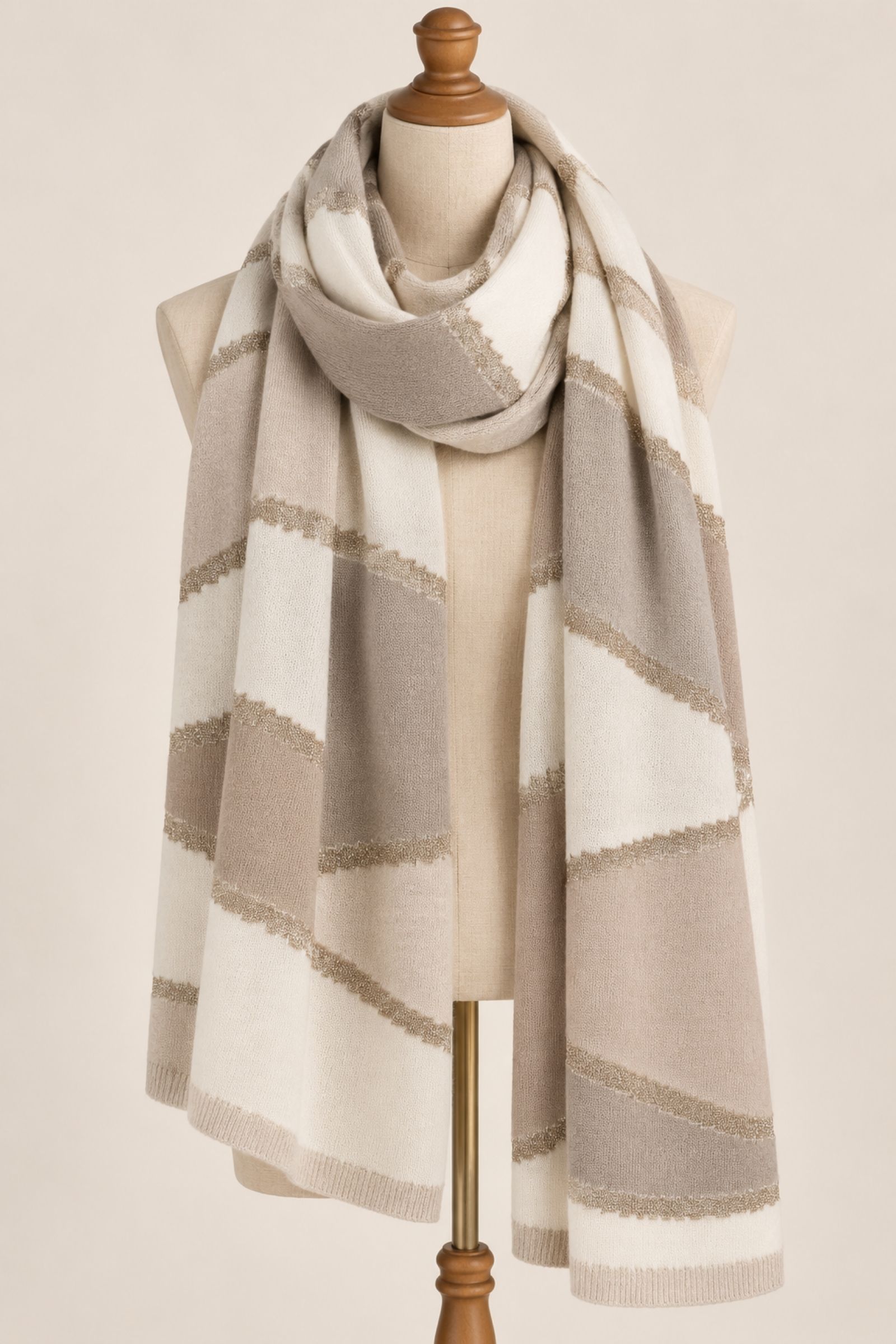 KYF6892-06_BEIGE SCIARPA LUNGA MORBIDA CON FANTASIA GEOMETRICA A BLOCCHI DI COLORE - Μπεζ, TU
