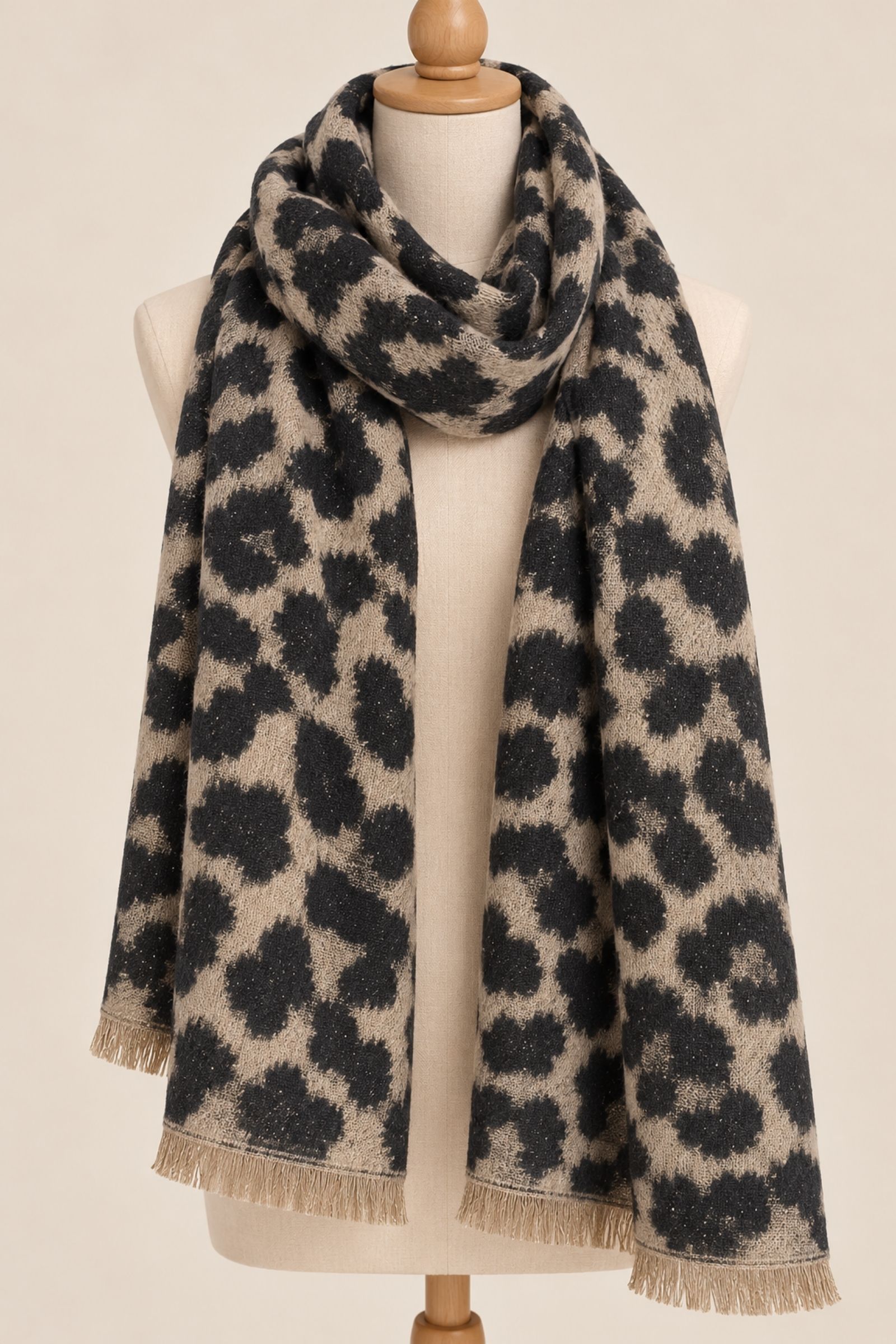 KYF6904-06_BLU SCIARPA MORBIDA CON FANTASIA ANIMALIER LEOPARDATA E FRANGE - Μπλε, TU