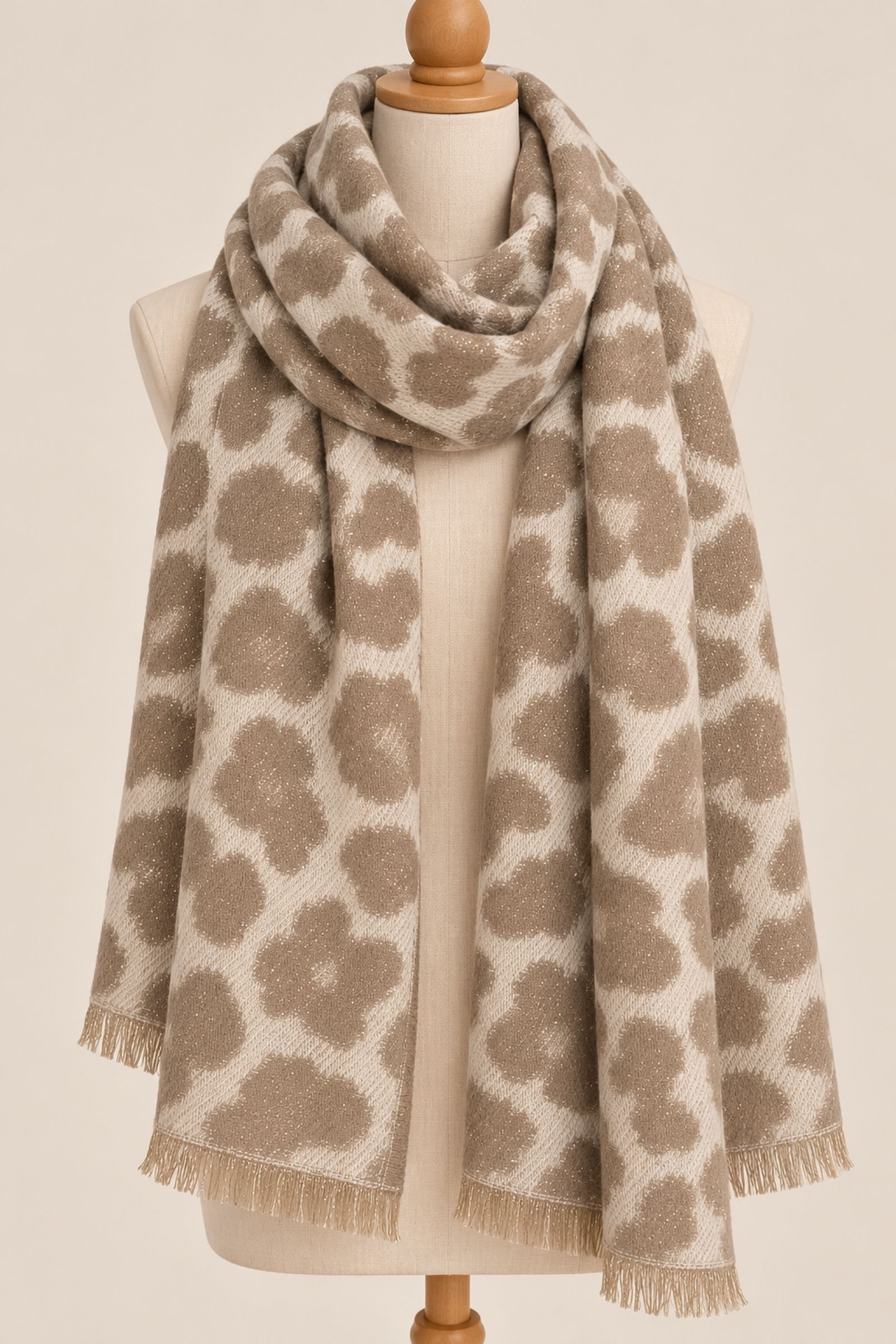 KYF6904-06_TAUPE SCIARPA MORBIDA CON FANTASIA ANIMALIER LEOPARDATA E FRANGE - Τεφρόχρουν χρώμα, TU