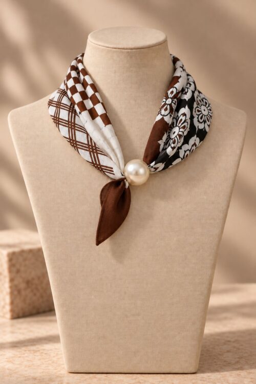 FOULARD FANTASIA FIORI E QUADRI CON DETTAGLIO PERLA